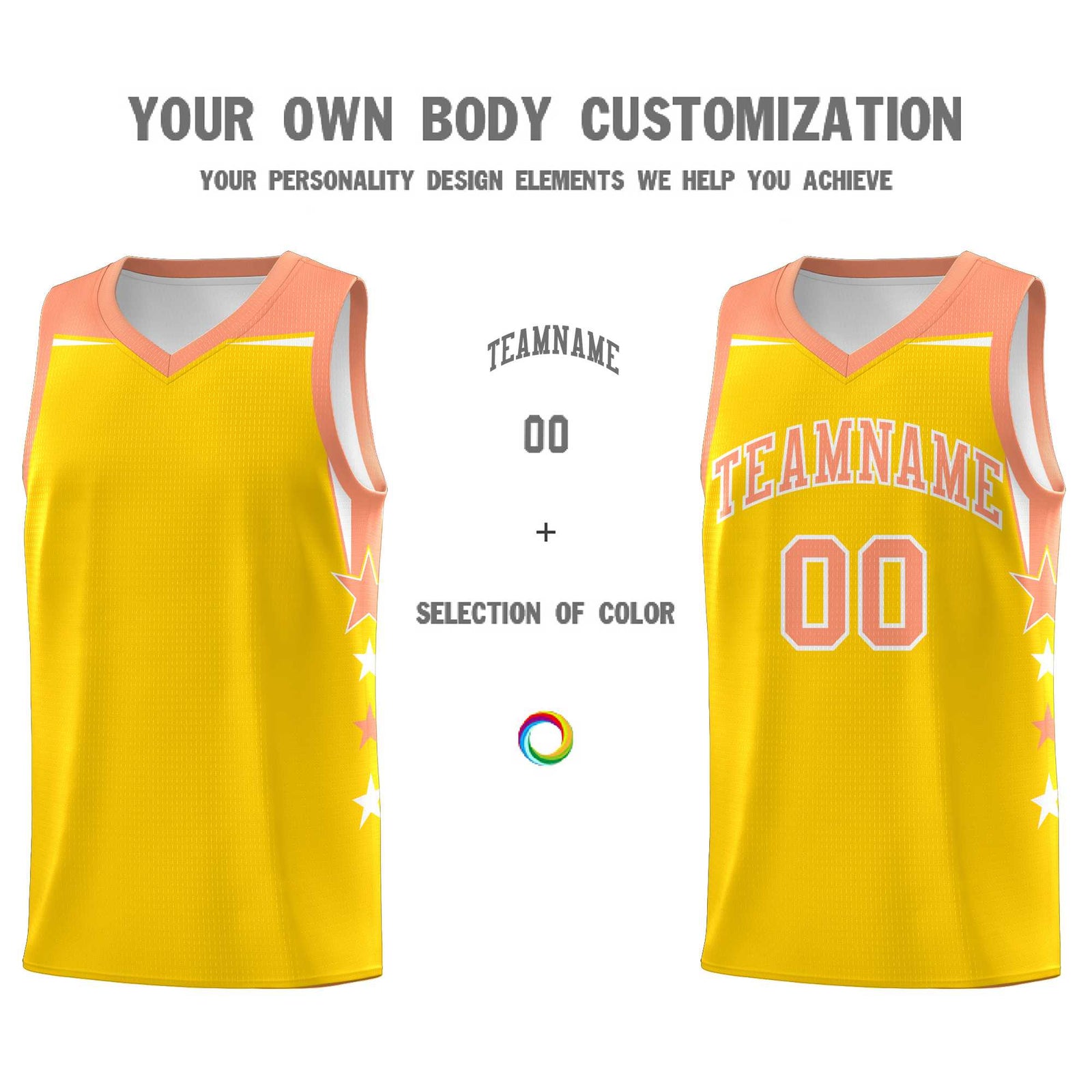 Custom Youth Basketball Uniform Gold Light Orange Two Tone Side Star Color Block Team Jersey