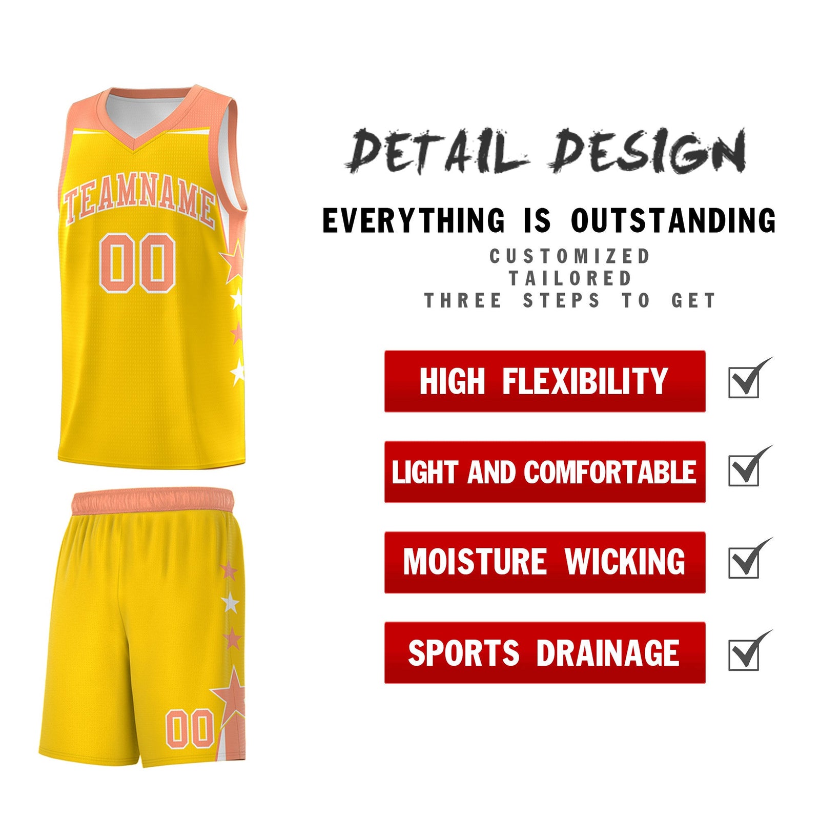 Custom Youth Basketball Uniform Gold Light Orange Two Tone Side Star Color Block Team Jersey