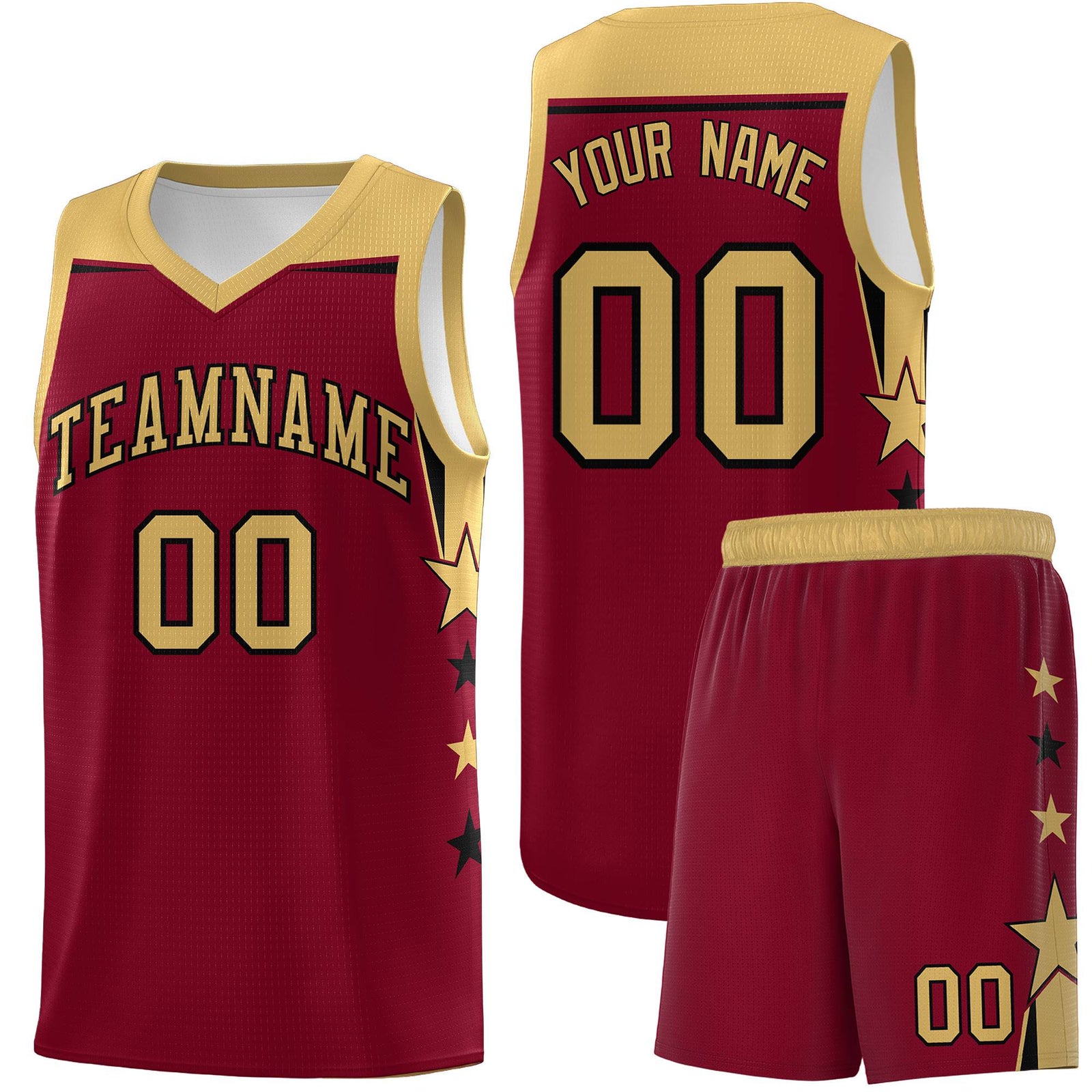 Custom Youth Basketball Uniform Crimson Old Gold Two Tone Side Star Color Block Team Jersey