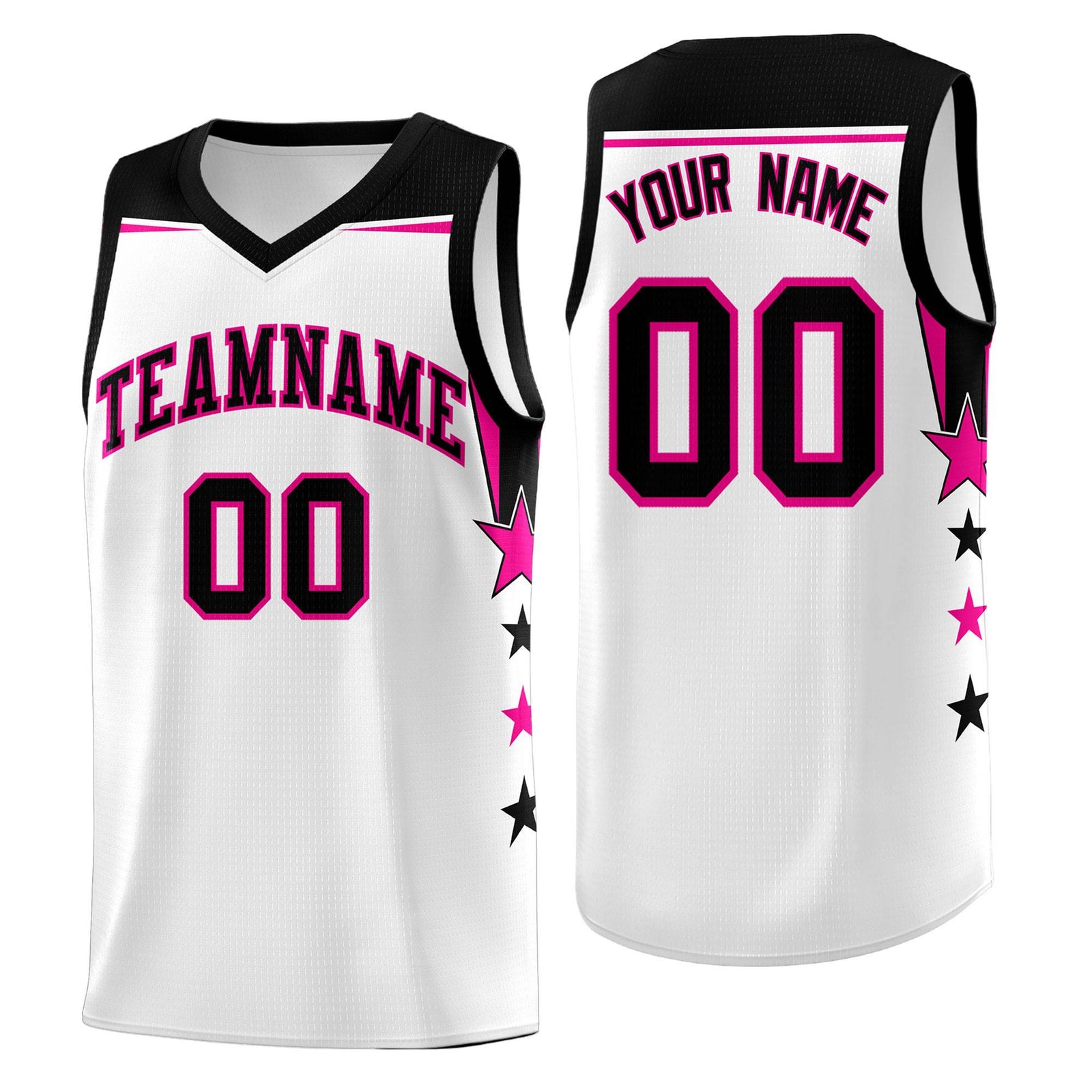 Custom Youth Basketball Uniform White Black Two Tone Side Star Add Name Number & Logo