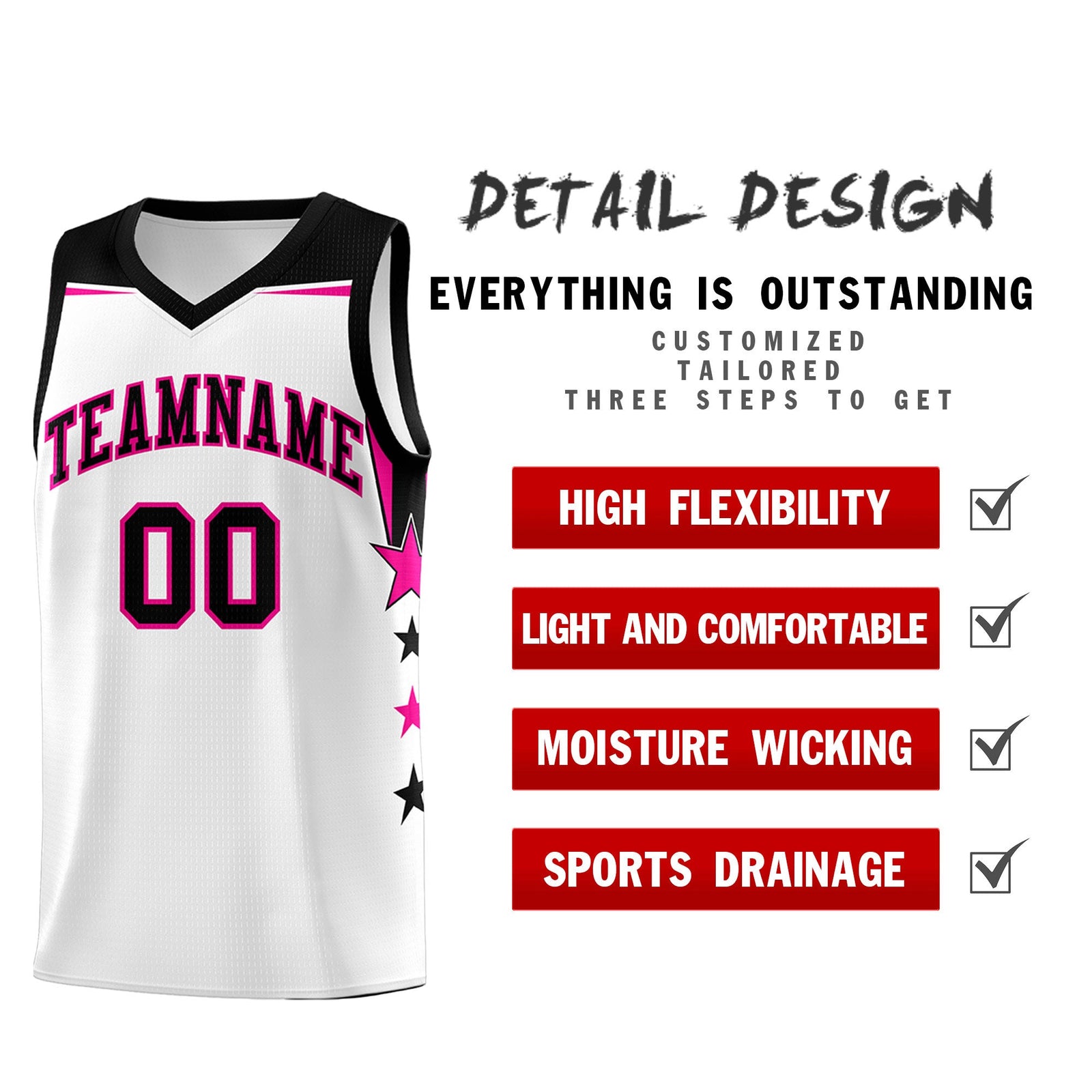 Custom Youth Basketball Uniform White Black Two Tone Side Star Add Name Number & Logo