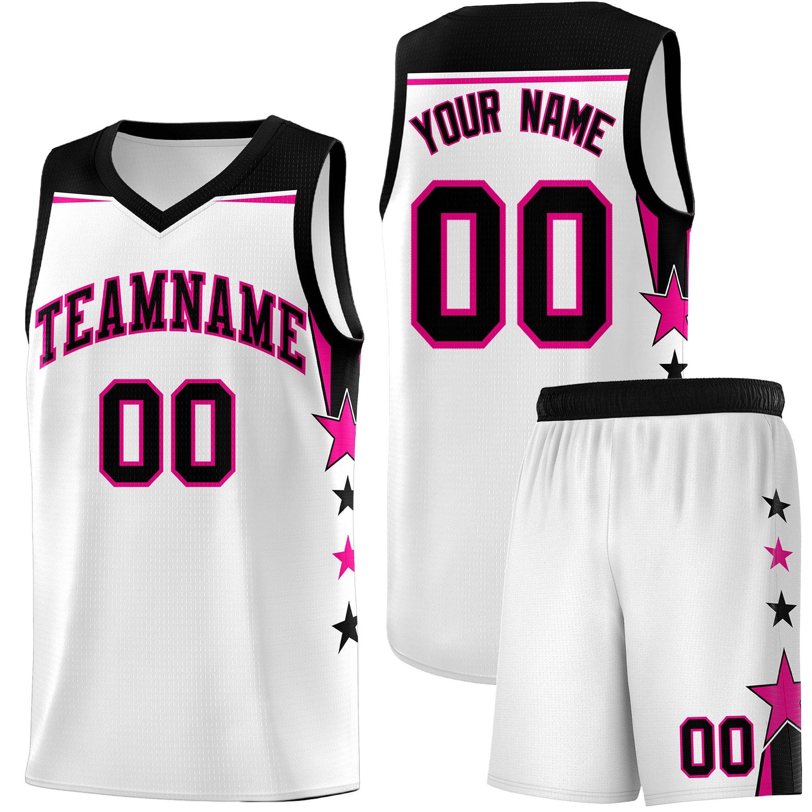 Custom Youth Basketball Uniform White Black Two Tone Side Star Add Name Number & Logo