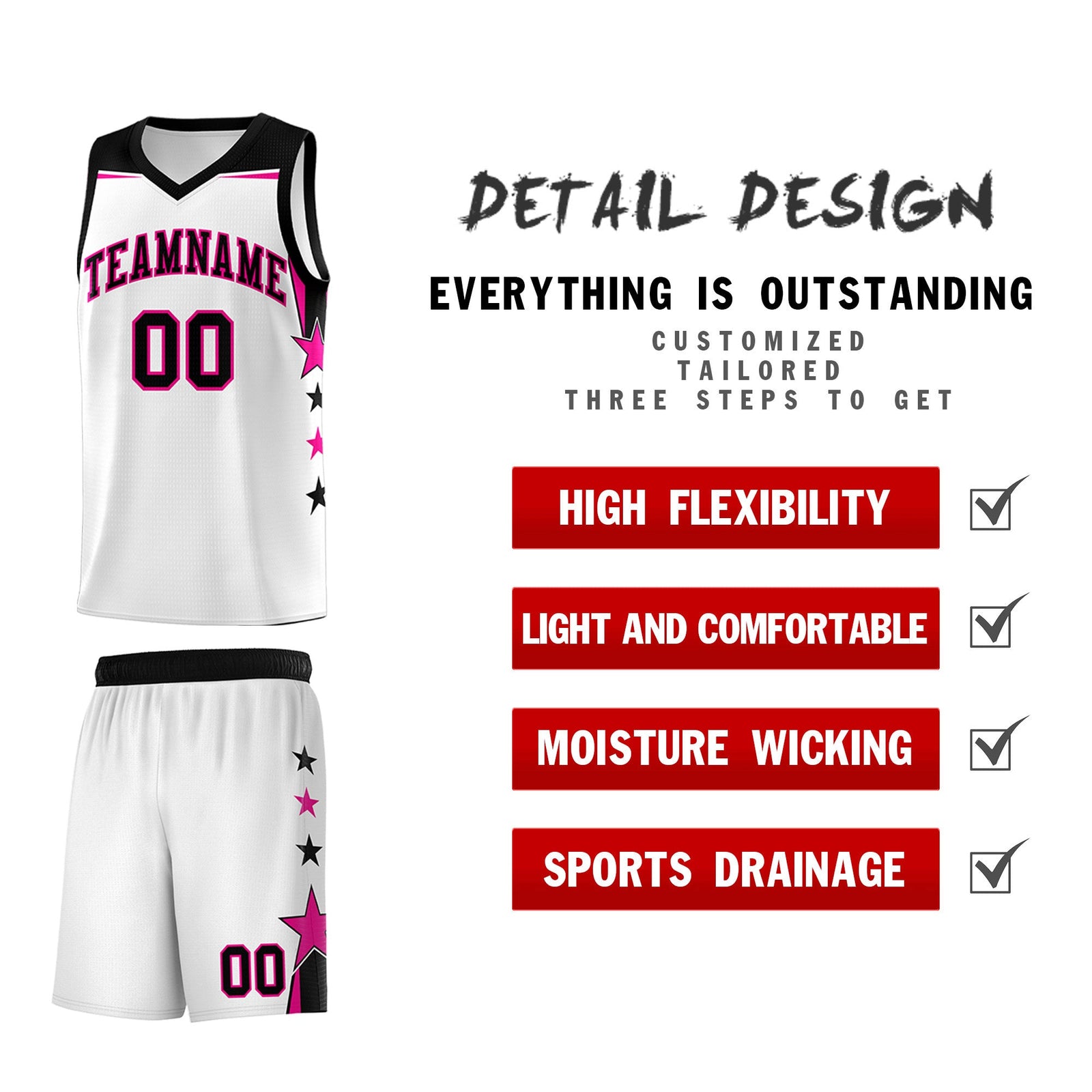 Custom Youth Basketball Uniform White Black Two Tone Side Star Add Name Number & Logo