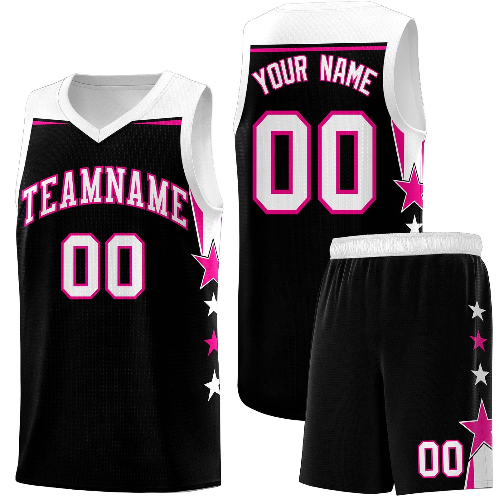 Custom Youth Basketball Uniform Black White Two Tone Side Star Personalized Team Jersey