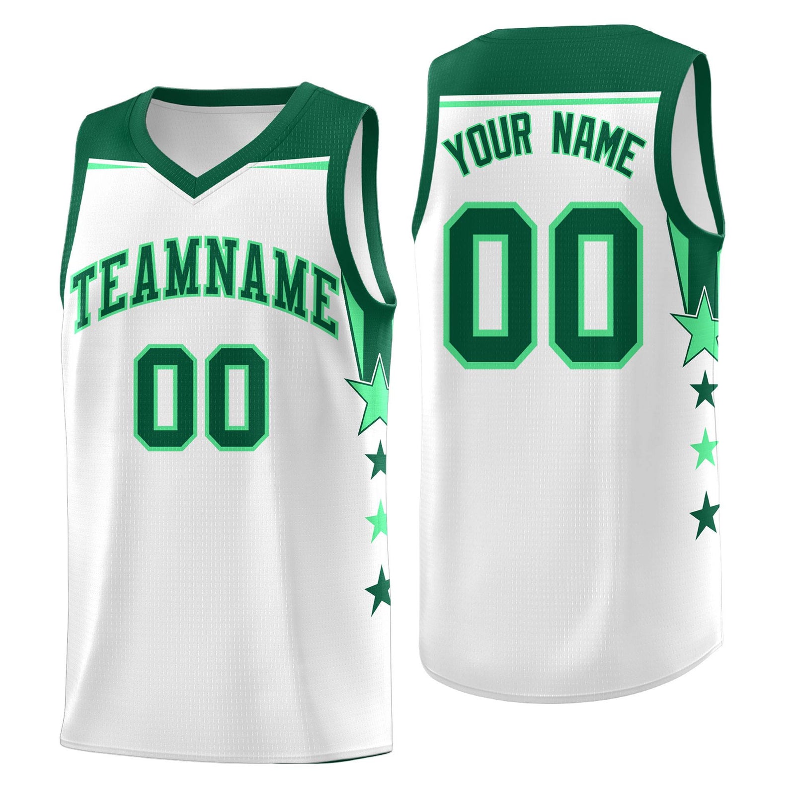 Custom Youth Basketball Uniform White Kelly Green Two Tone Side Star Add Name Number & Logo