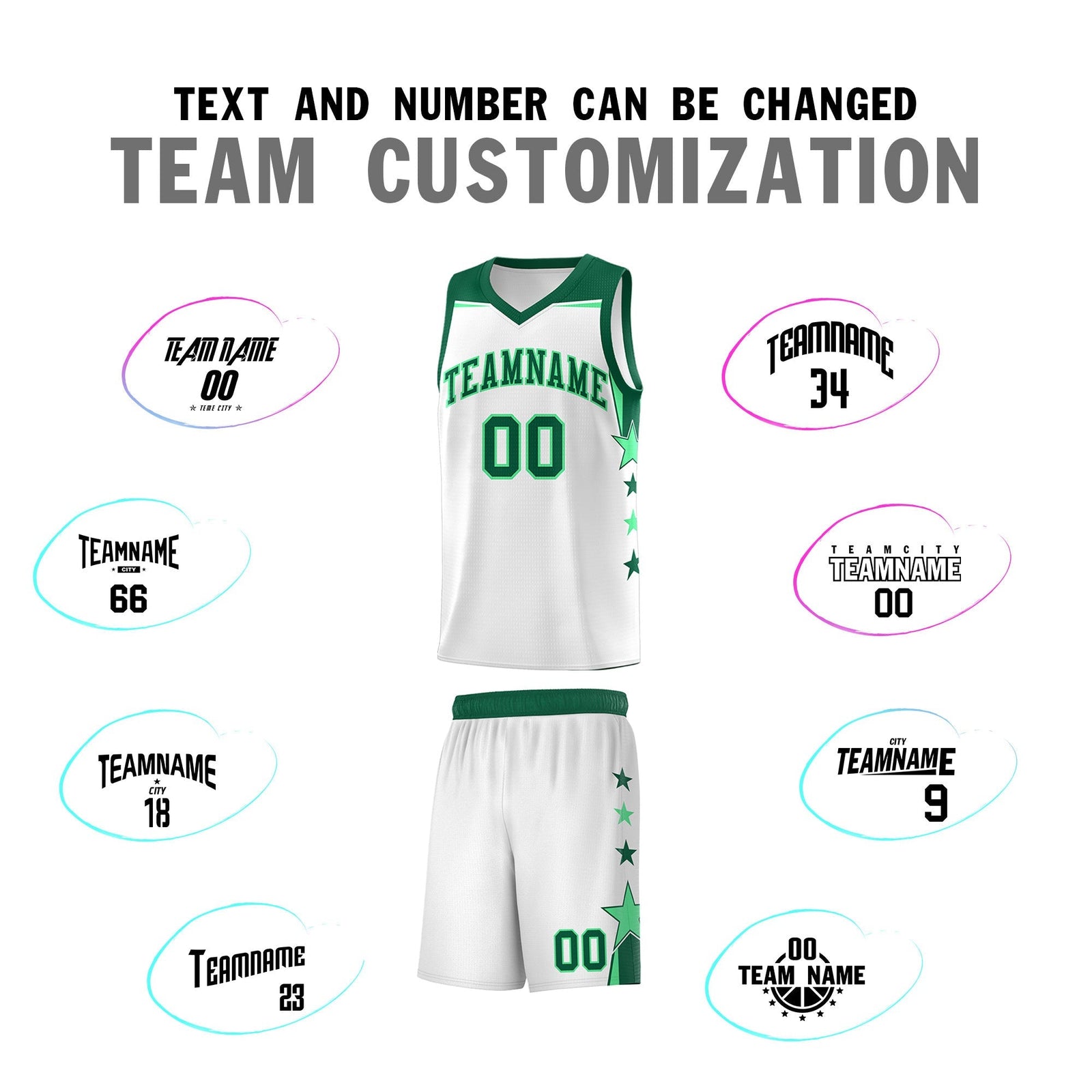 Custom Youth Basketball Uniform White Kelly Green Two Tone Side Star Add Name Number & Logo