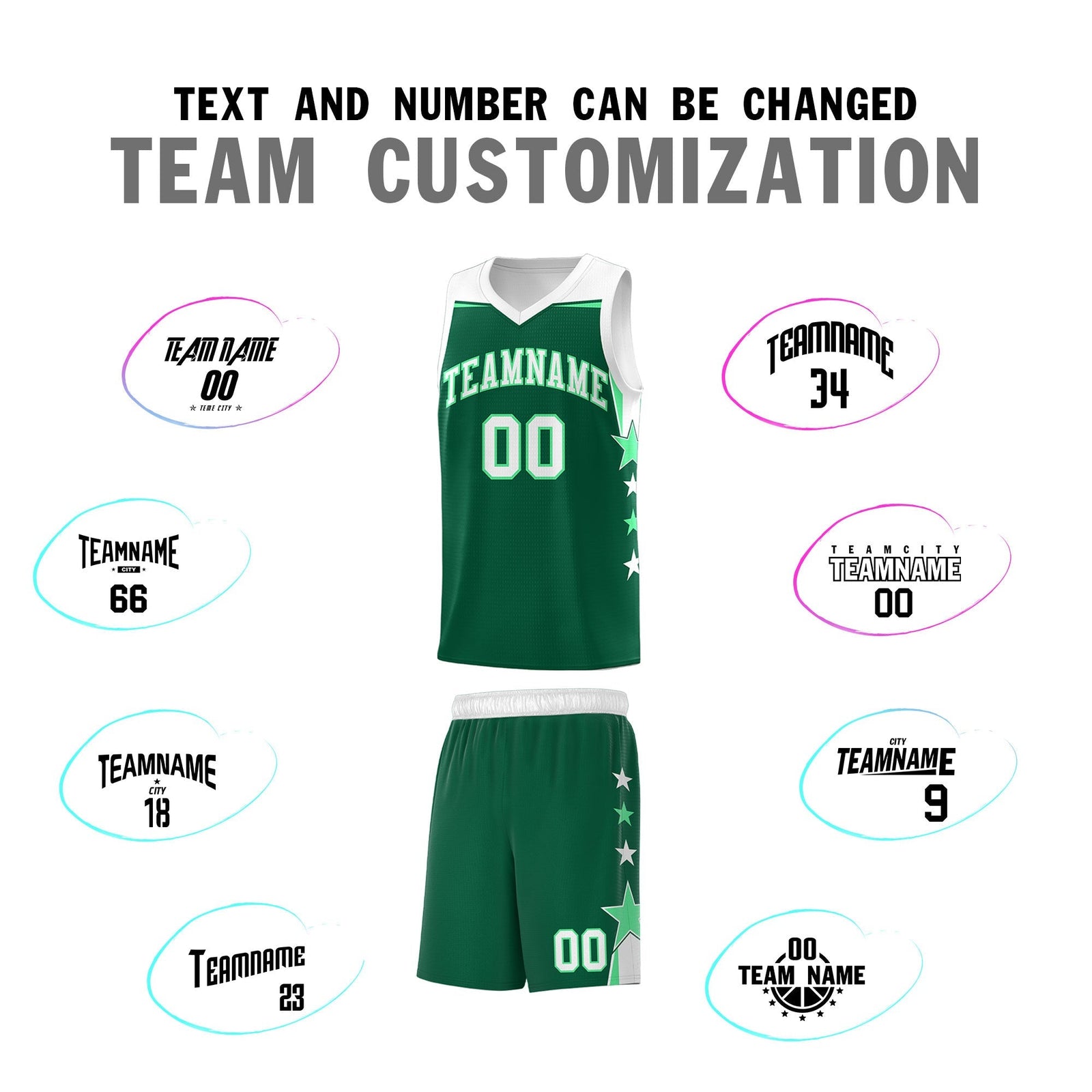 Custom Youth Basketball Uniform Kelly Green White Two Tone Side Star Personalized Team Jersey