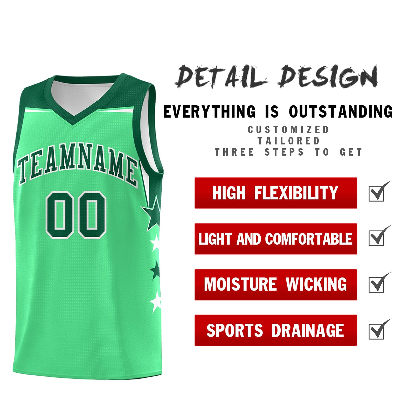 Custom Youth Basketball Uniform Green Kelly Green Two Tone Side Star Color Block Team Jersey