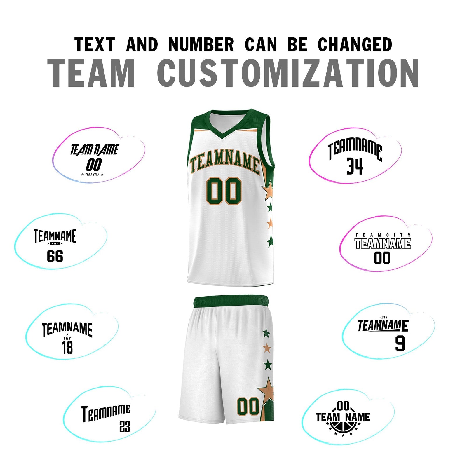 Custom Youth Basketball Uniform White Green Two Tone Side Star Add Name Number & Logo
