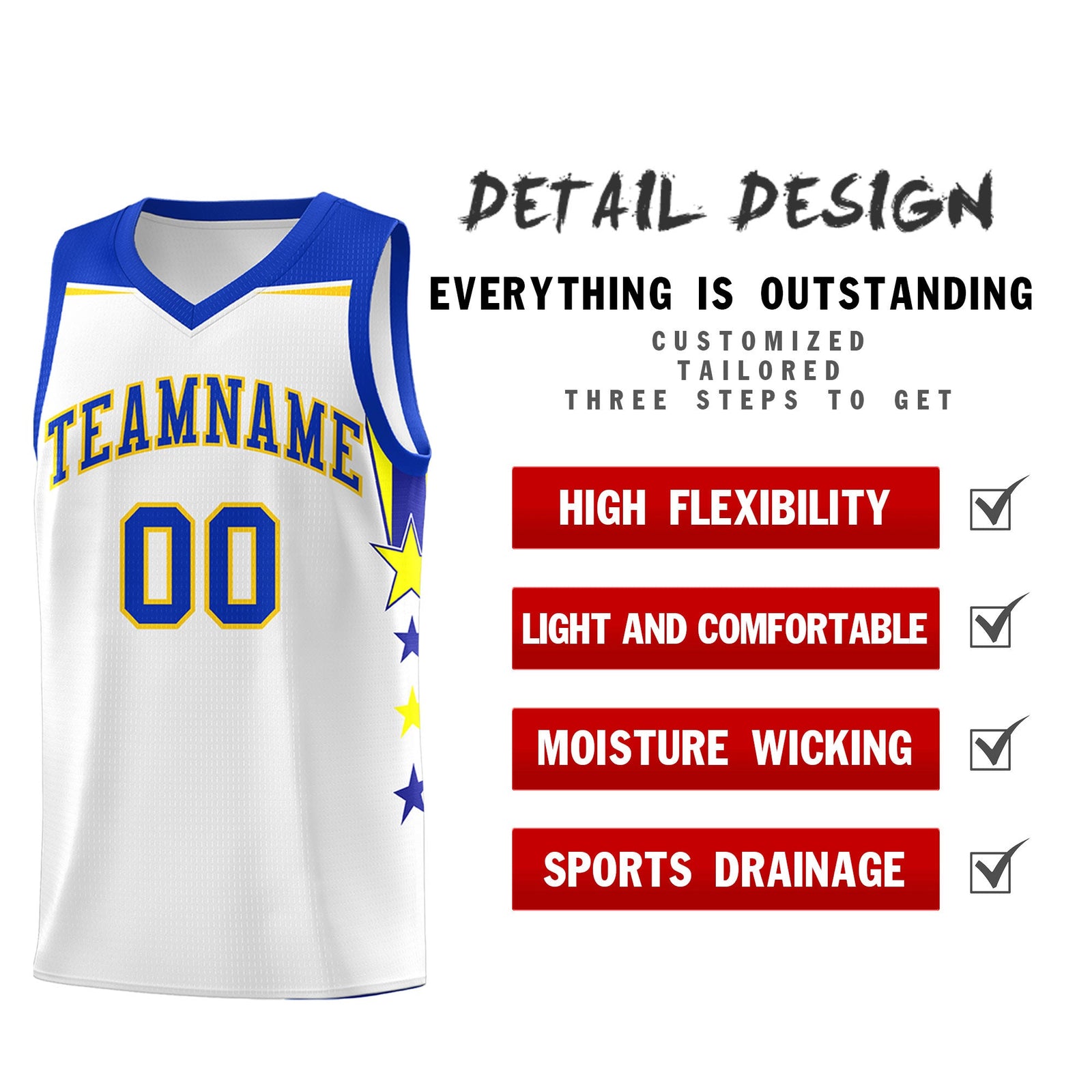 Custom Youth Basketball Uniform White Royal Two Tone Side Star Add Name Number & Logo