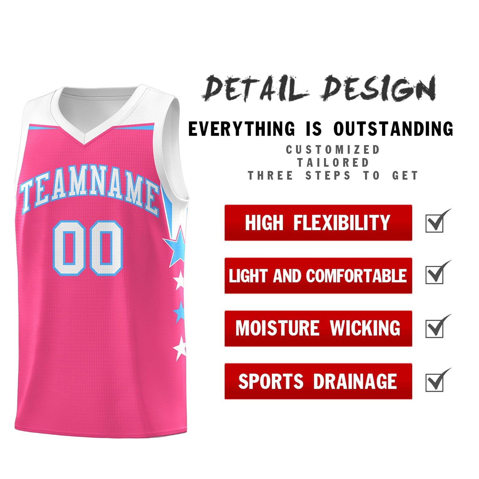 Custom Youth Basketball Uniform Pink White Two Tone Side Star Personalized Team Jersey