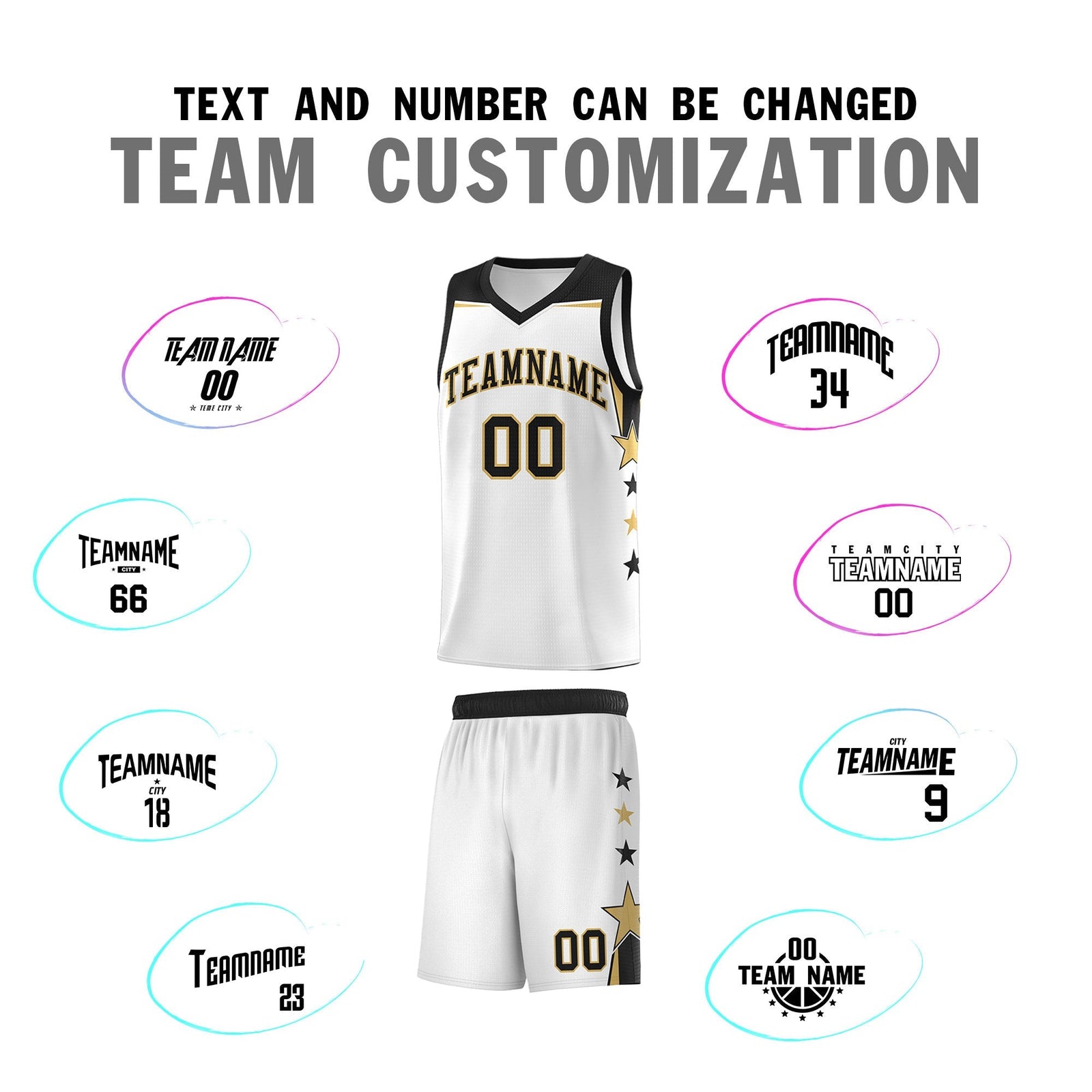 Custom Youth Basketball Uniform White Black Two Tone Side Star Add Name Number & Logo