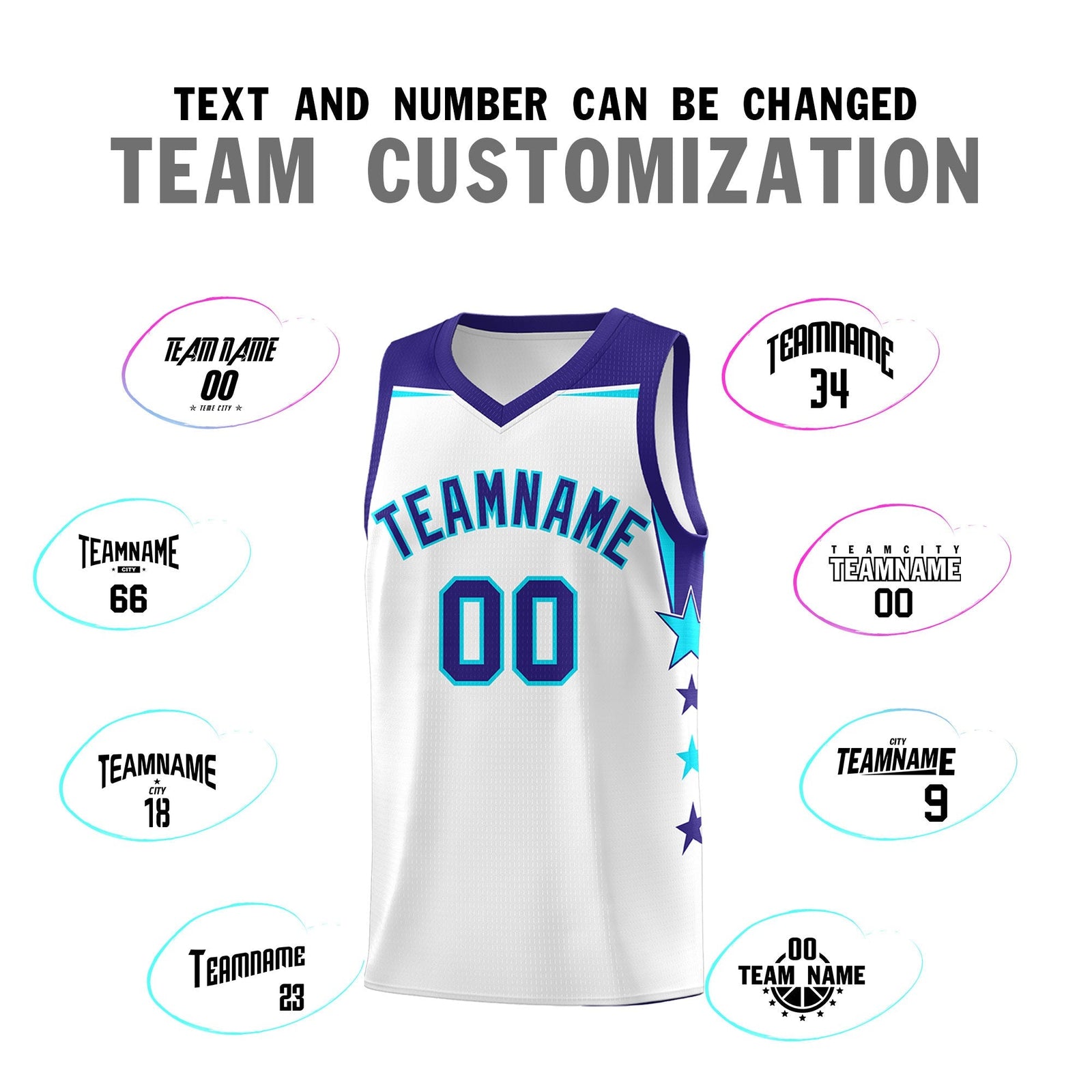 Custom Youth Basketball Uniform White Royal Two Tone Side Star Color Block Team Jersey