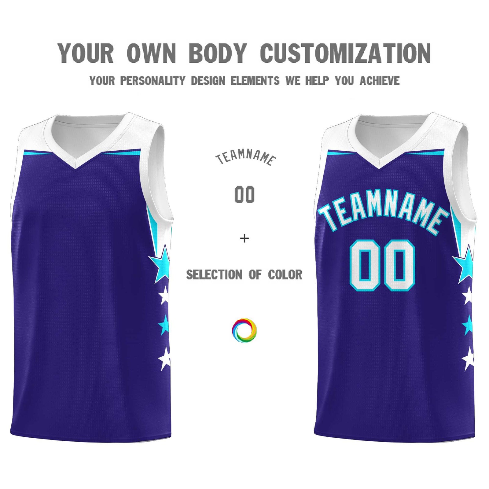 Custom Youth Basketball Uniform Royal White Two Tone Side Star Add Name Number & Logo
