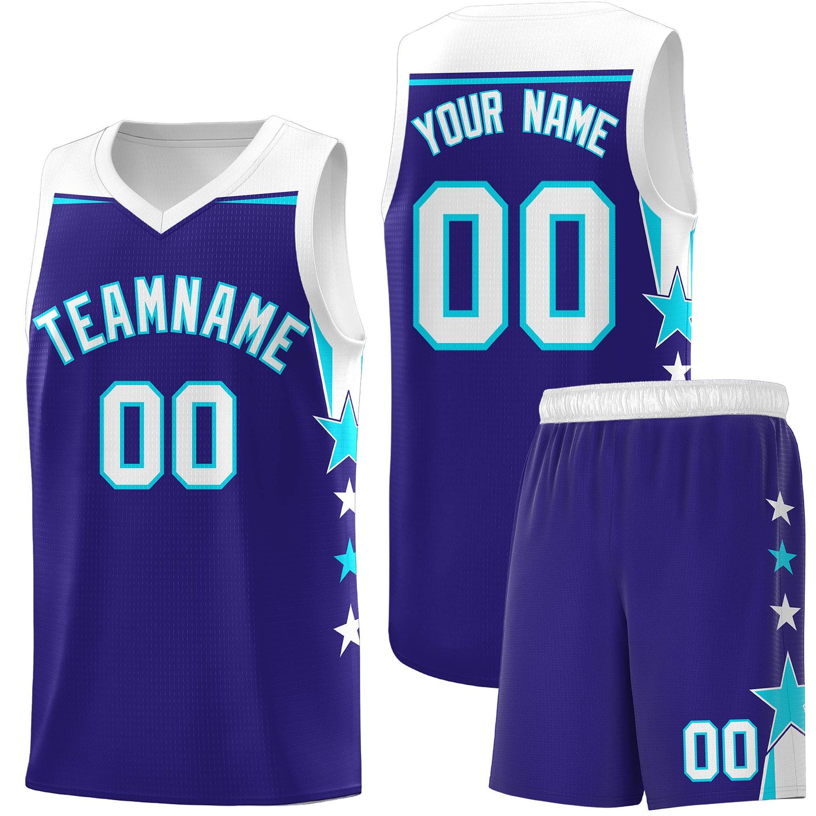 Custom Youth Basketball Uniform Royal White Two Tone Side Star Add Name Number & Logo