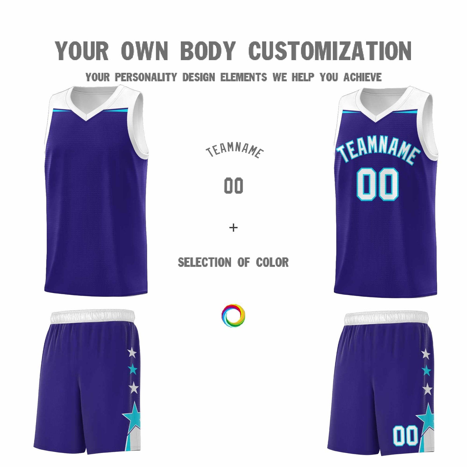 Custom Youth Basketball Uniform Royal White Two Tone Side Star Add Name Number & Logo