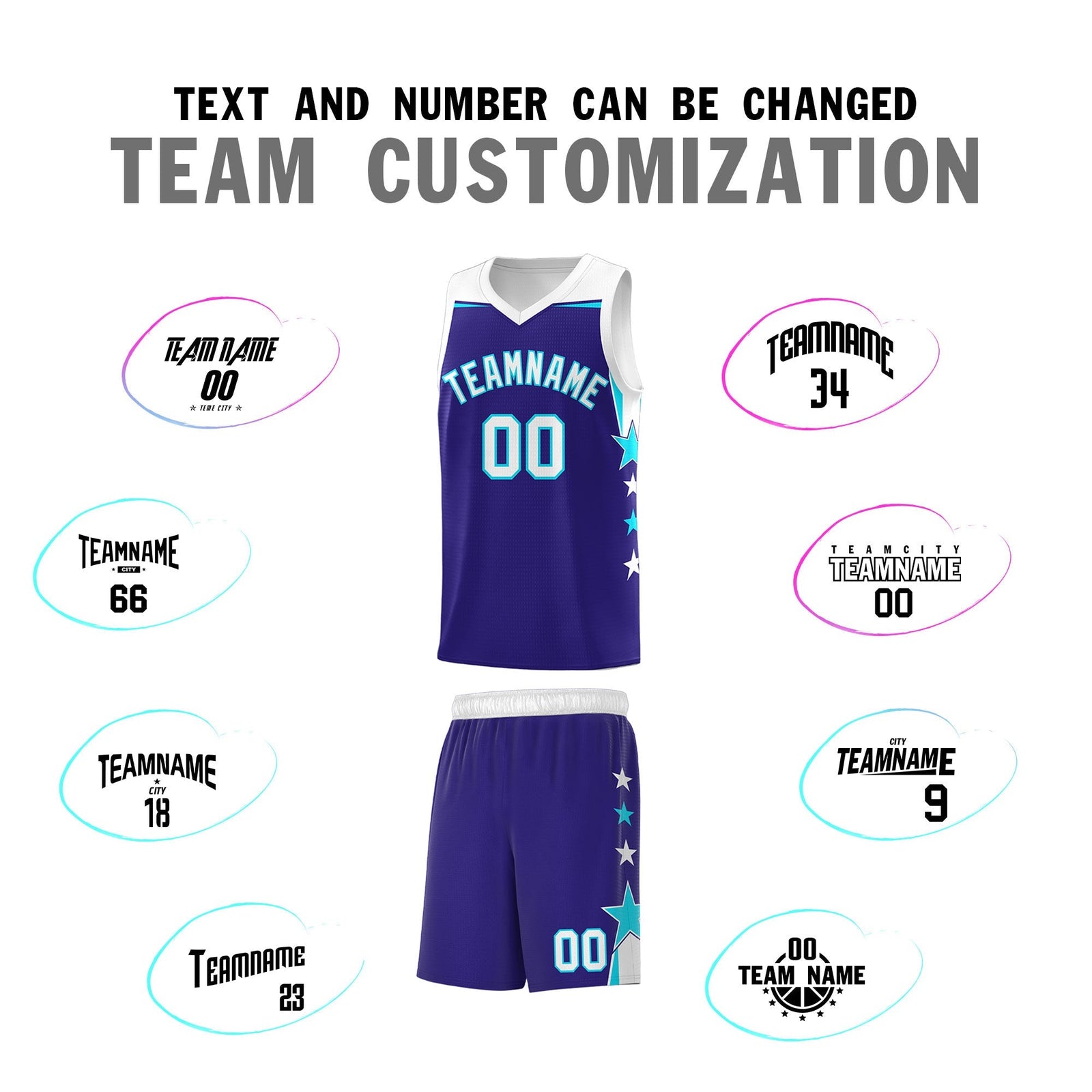 Custom Youth Basketball Uniform Royal White Two Tone Side Star Add Name Number & Logo