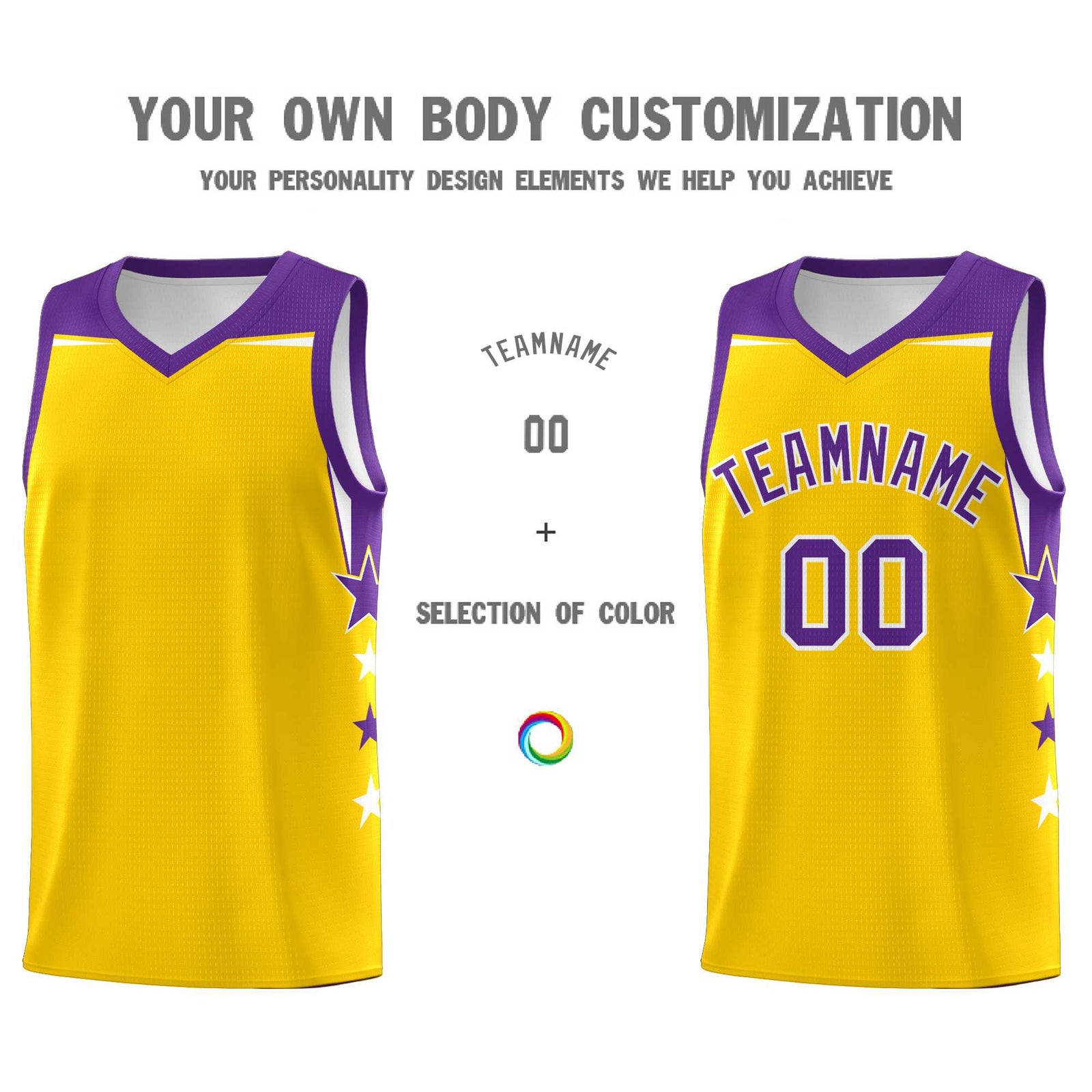 Custom Youth Basketball Uniform Gold Purple Two Tone Side Star Personalized Team Jersey