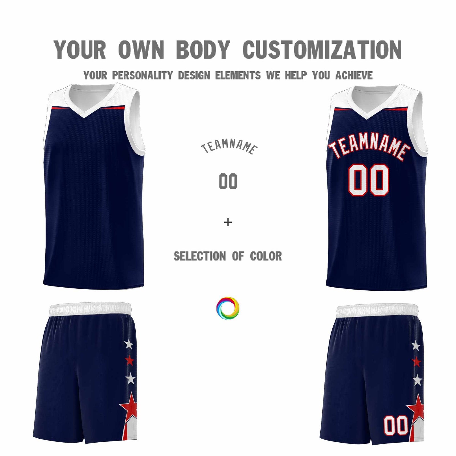 Custom Youth Basketball Uniform Navy White Two Tone Side Star Add Name Number & Logo