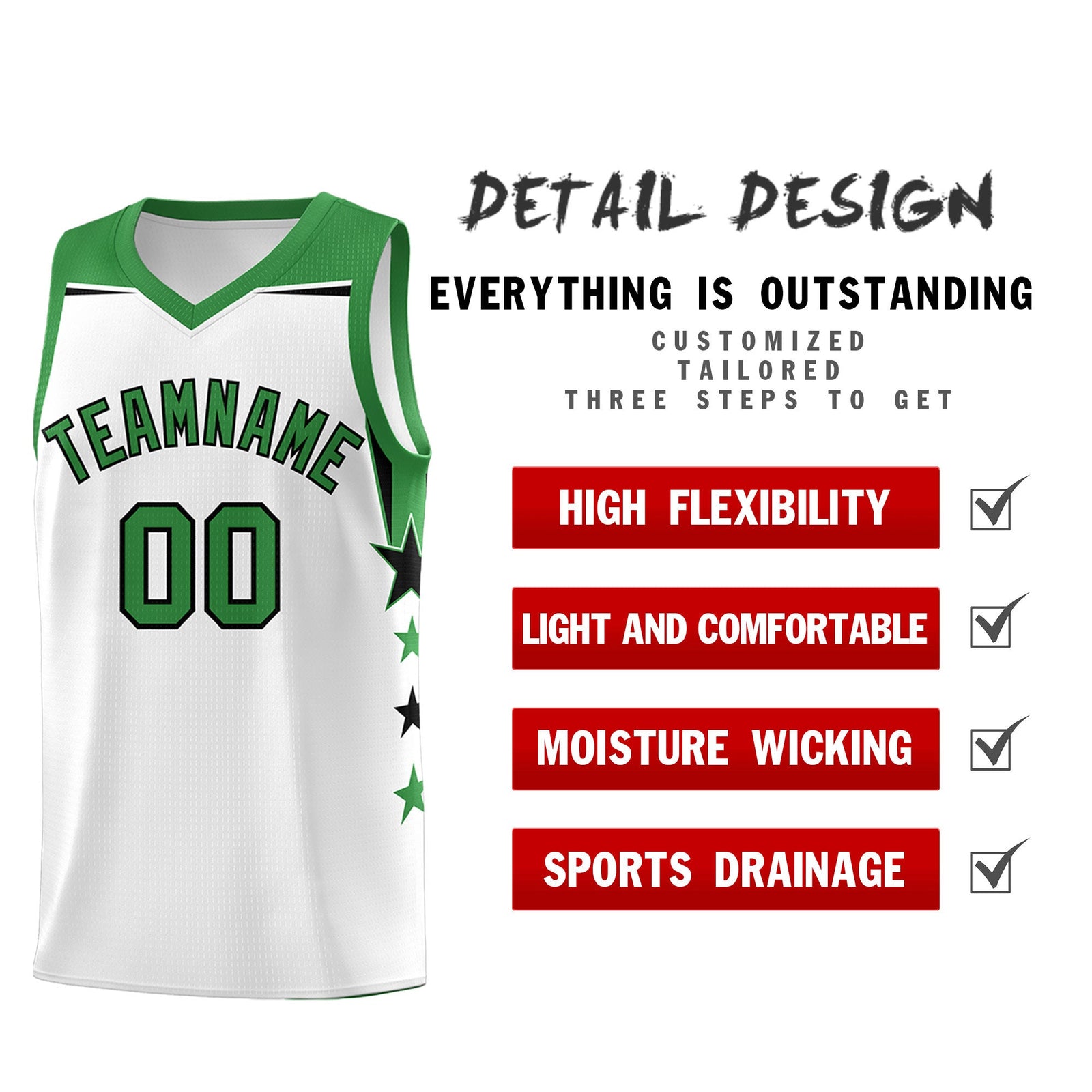 Custom Youth Basketball Uniform White Kelly Green Two Tone Side Star Color Block Team Jersey