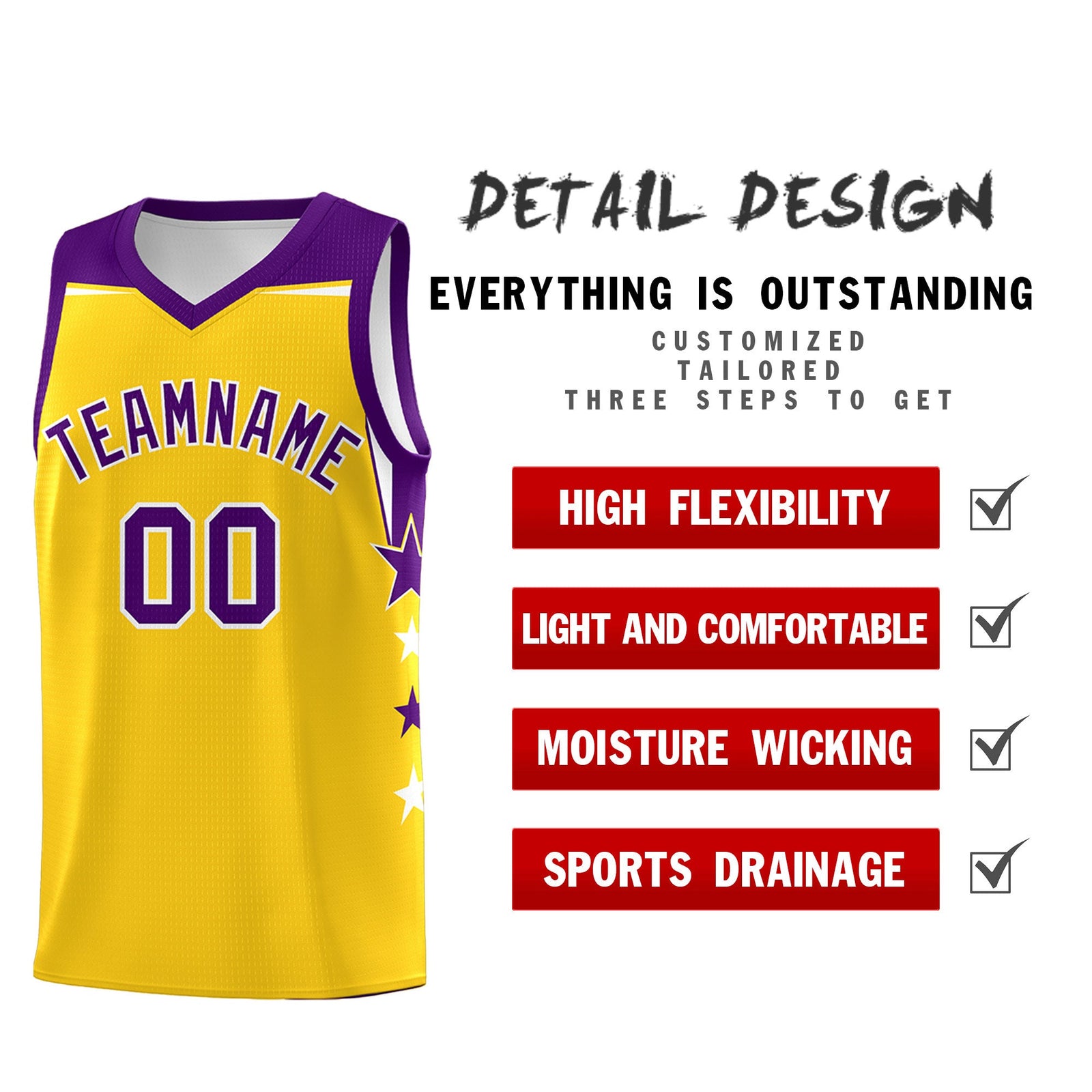 Custom Youth Basketball Uniform Gold Purple Two Tone Side Star Personalized Team Jersey