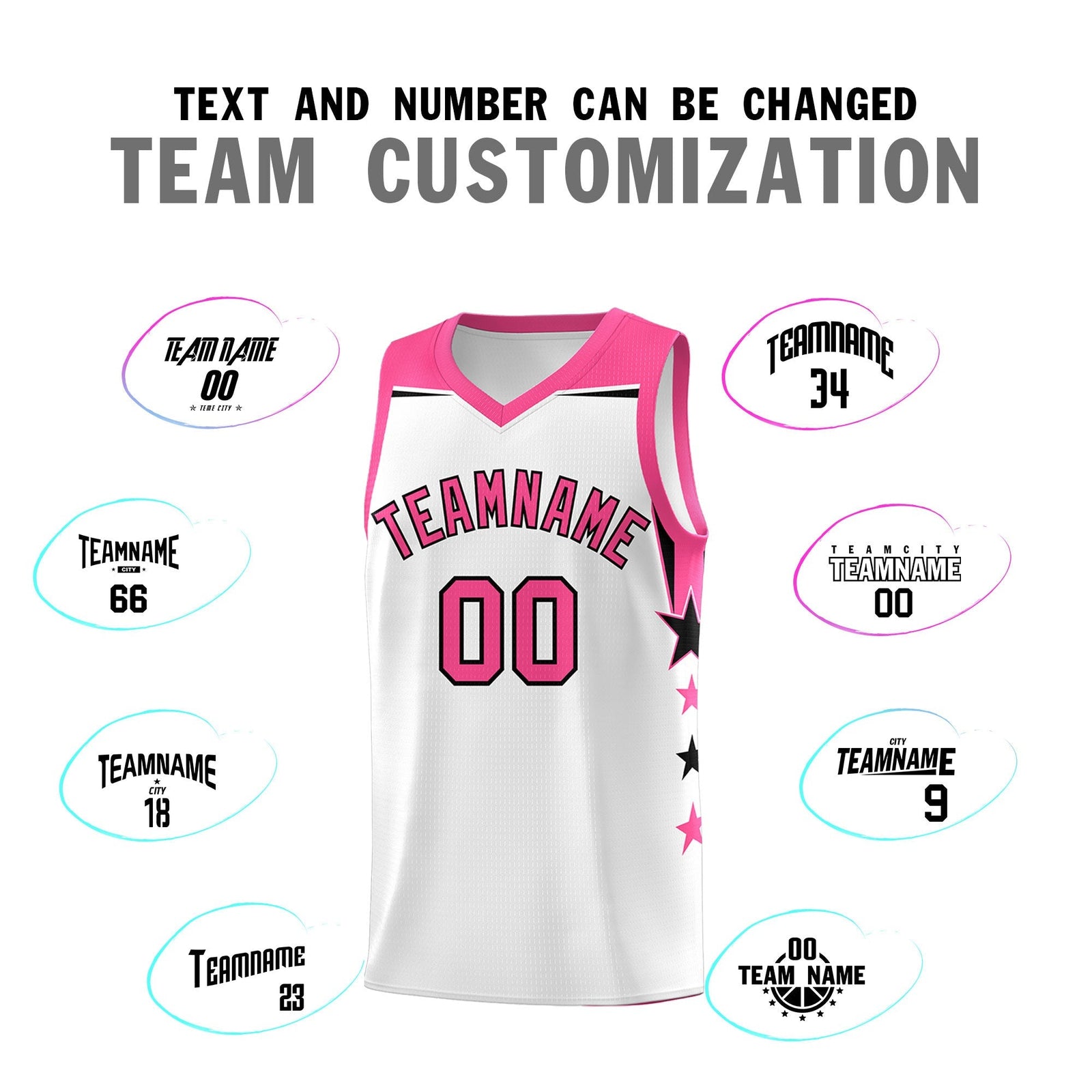 Custom Youth Basketball Uniform White Pink Two Tone Side Star Color Block Team Jersey