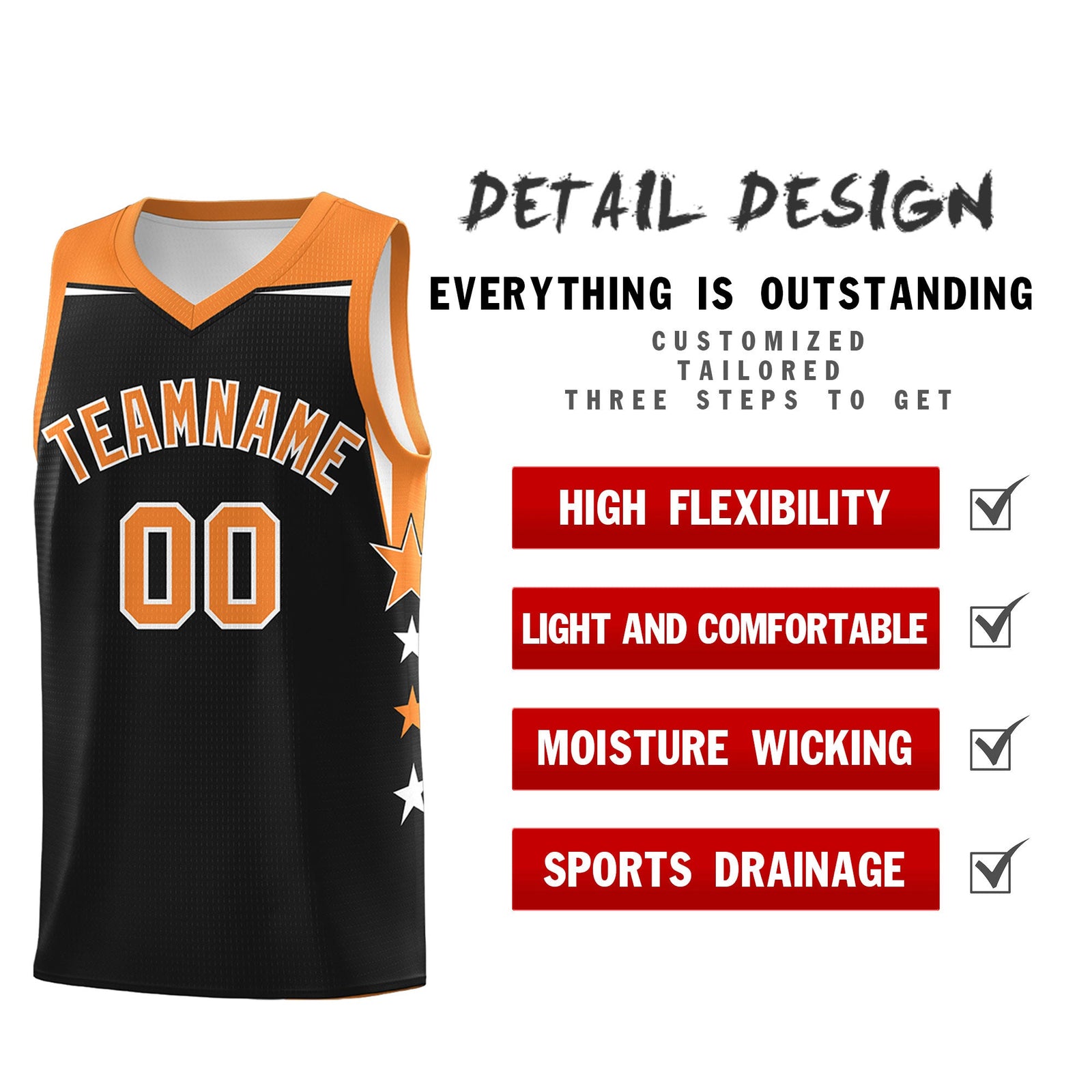 Custom Youth Basketball Uniform Black Gold Orange Two Tone Side Star Personalized Team Jersey