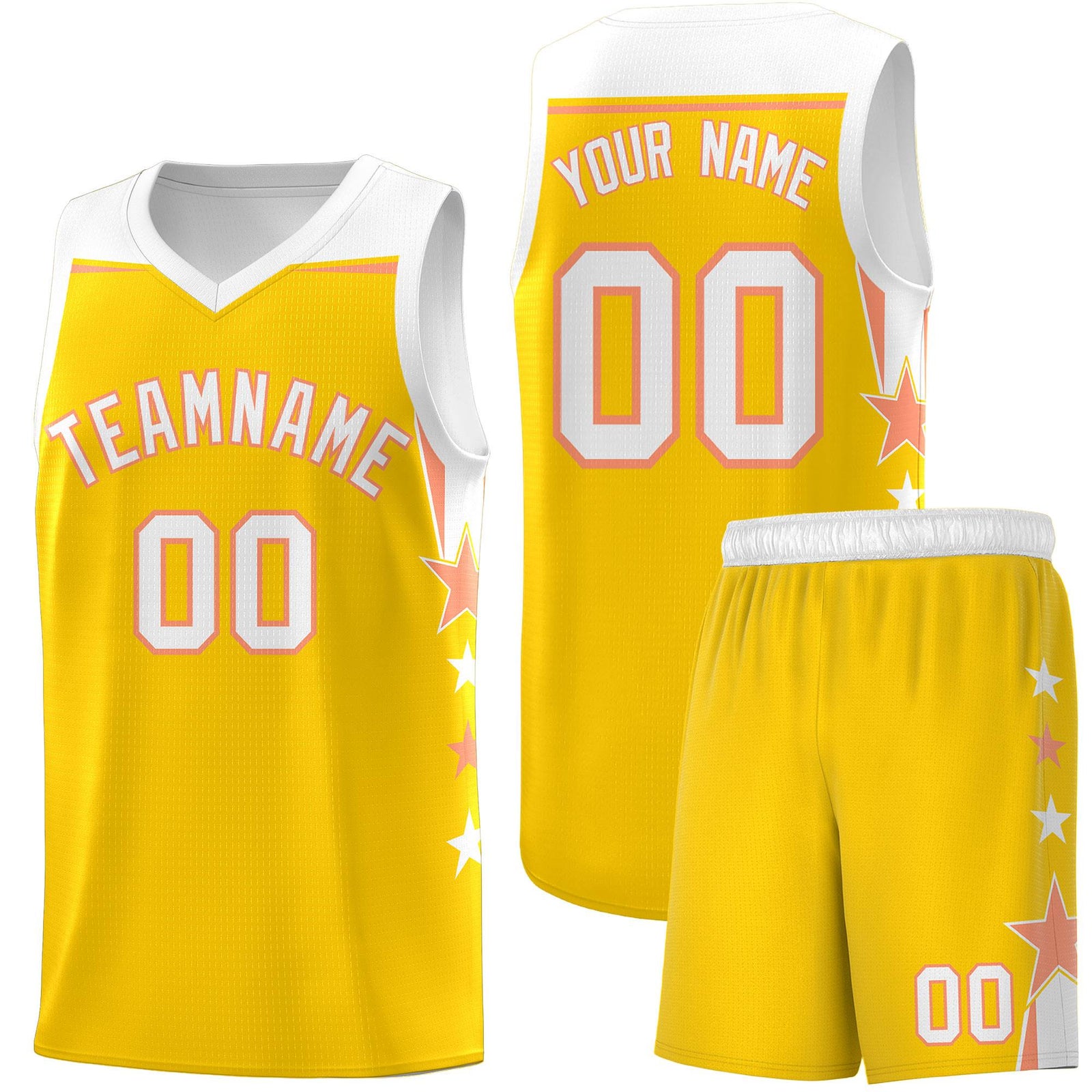 Custom Youth Basketball Uniform Gold White Two Tone Side Star Color Block Team Jersey