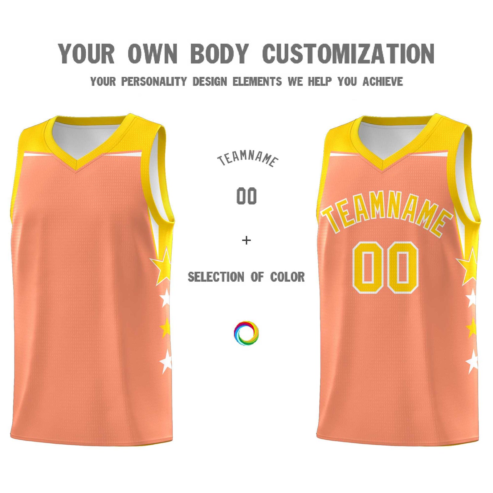 Custom Youth Basketball Uniform Light Orange Gold Two Tone Side Star Personalized Team Jersey