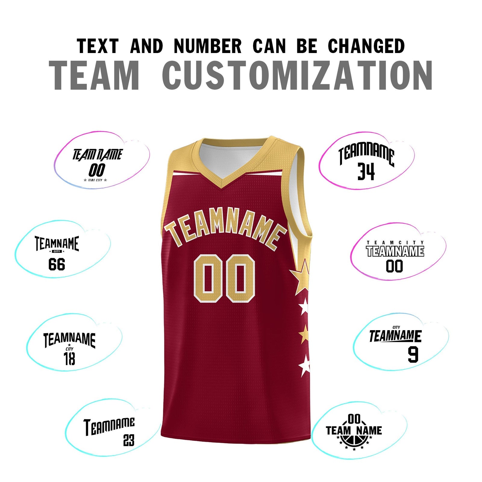 Custom Youth Basketball Uniform Crimson Old Gold Two Tone Side Star Color Block Team Jersey