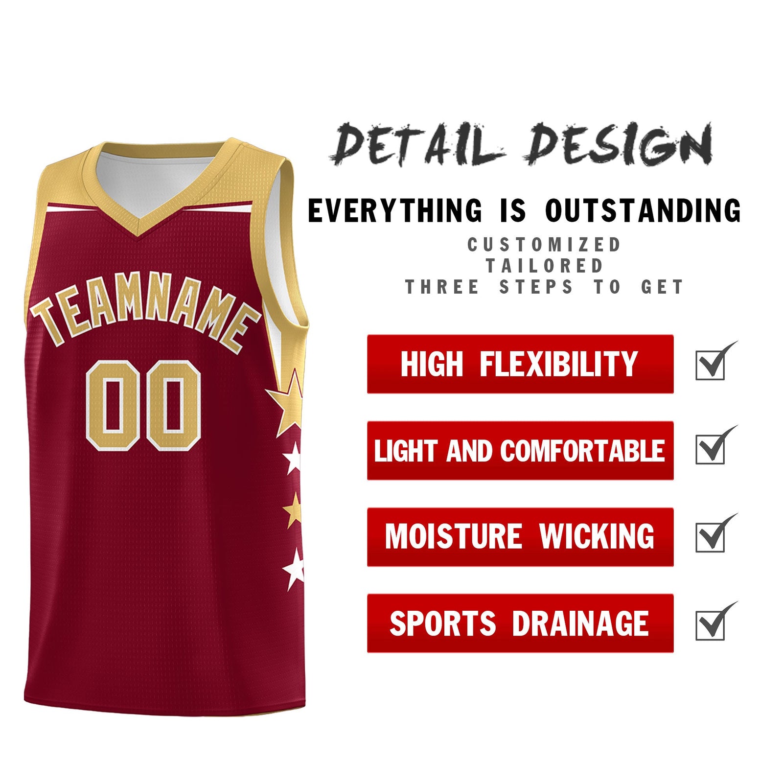 Custom Youth Basketball Uniform Crimson Old Gold Two Tone Side Star Color Block Team Jersey