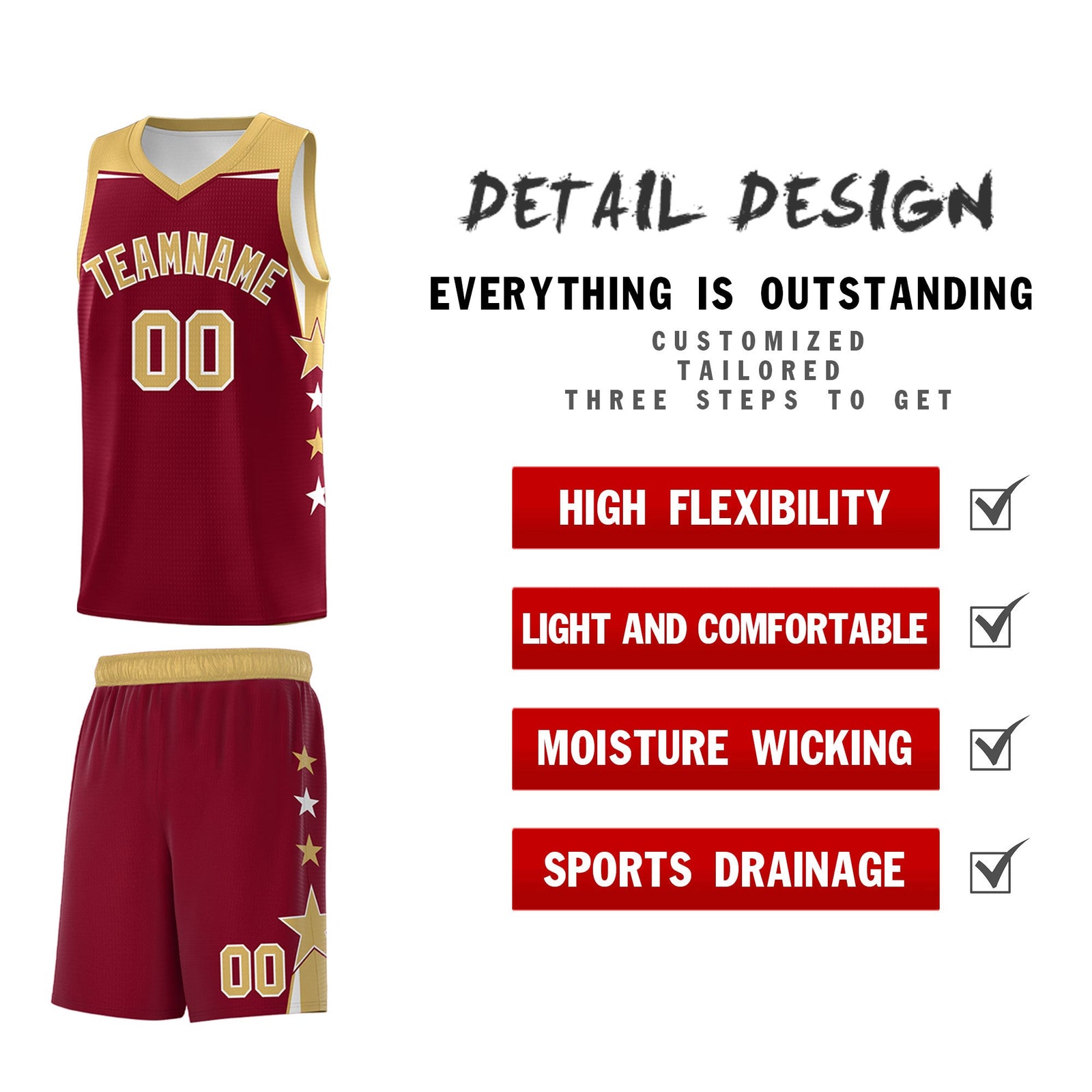 Custom Youth Basketball Uniform Crimson Old Gold Two Tone Side Star Color Block Team Jersey
