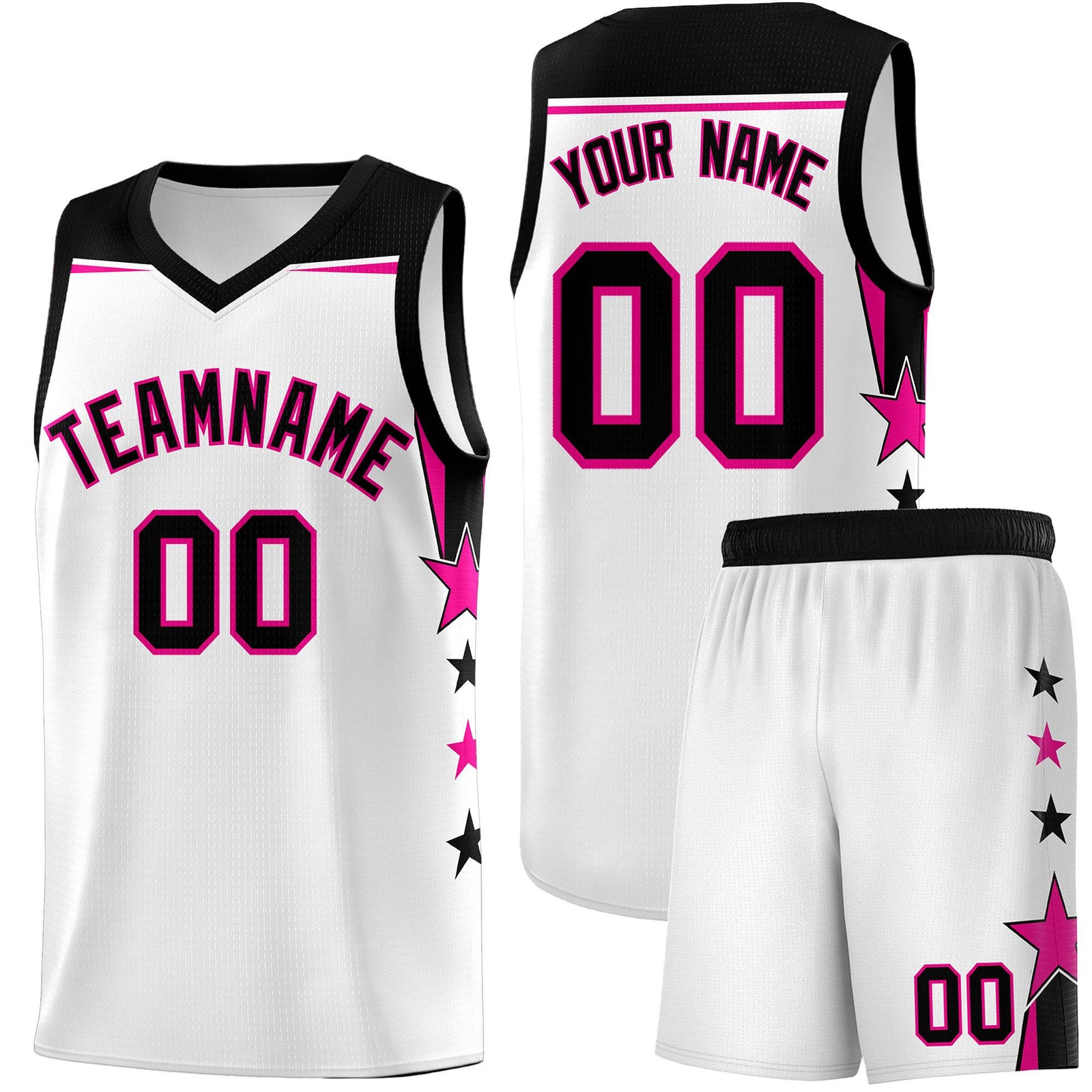 Custom Youth Basketball Uniform White Black Two Tone Side Star Add Name Number & Logo