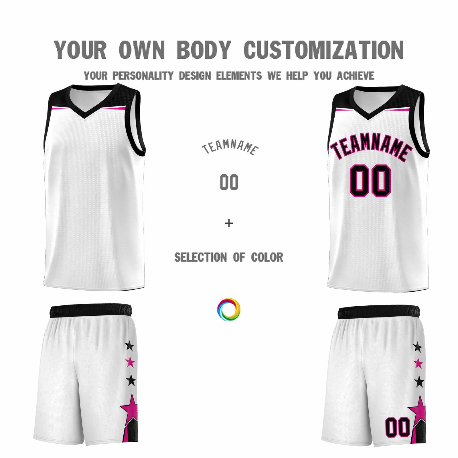 Custom Youth Basketball Uniform White Black Two Tone Side Star Add Name Number & Logo