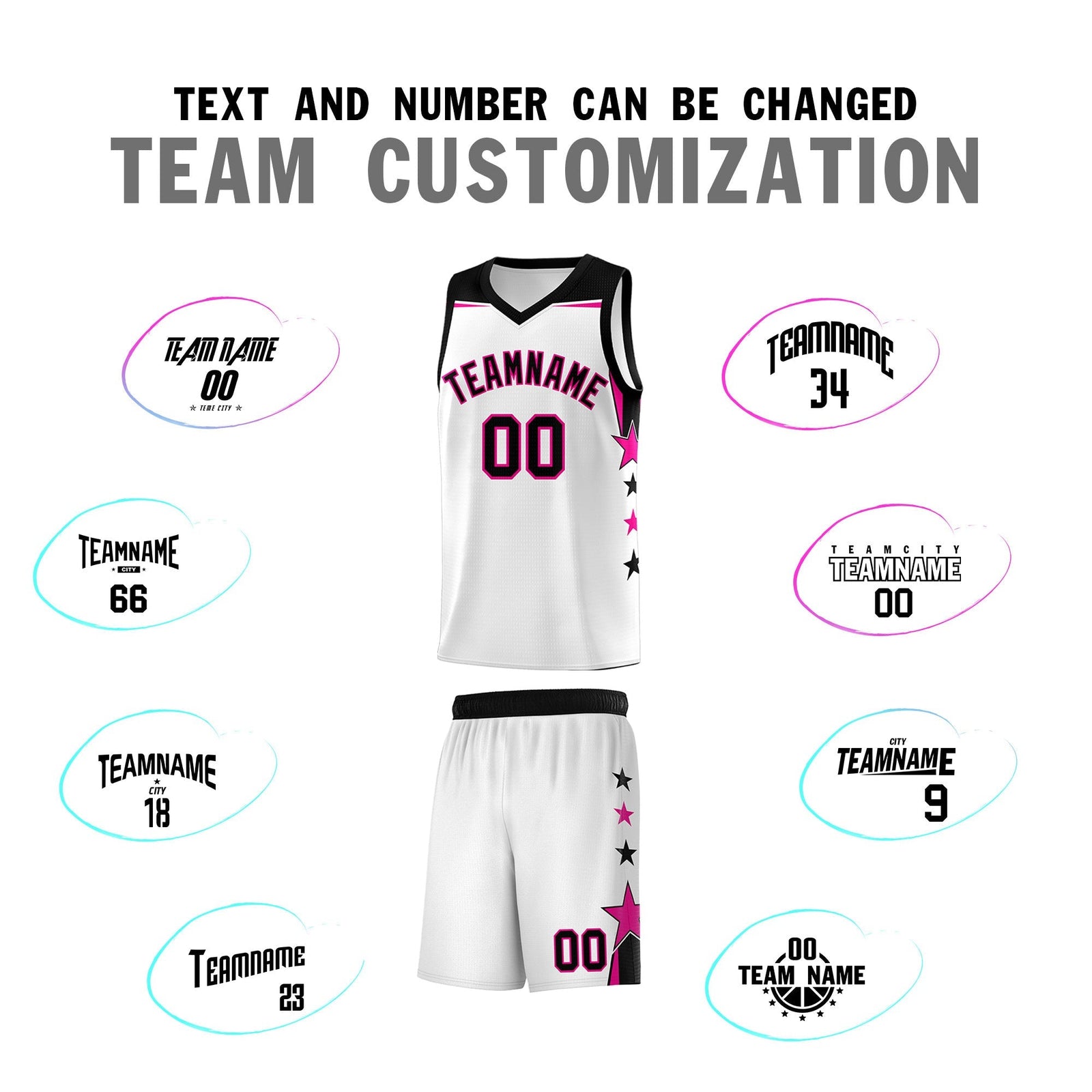 Custom Youth Basketball Uniform White Black Two Tone Side Star Add Name Number & Logo