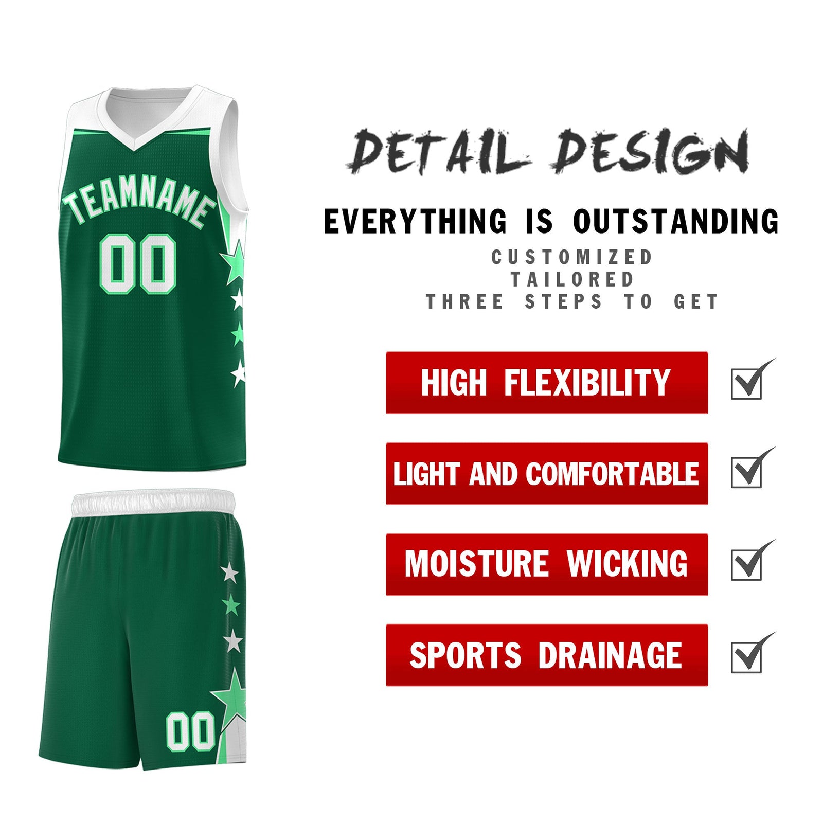 Custom Youth Basketball Uniform Kelly Green White Two Tone Side Star Personalized Team Jersey