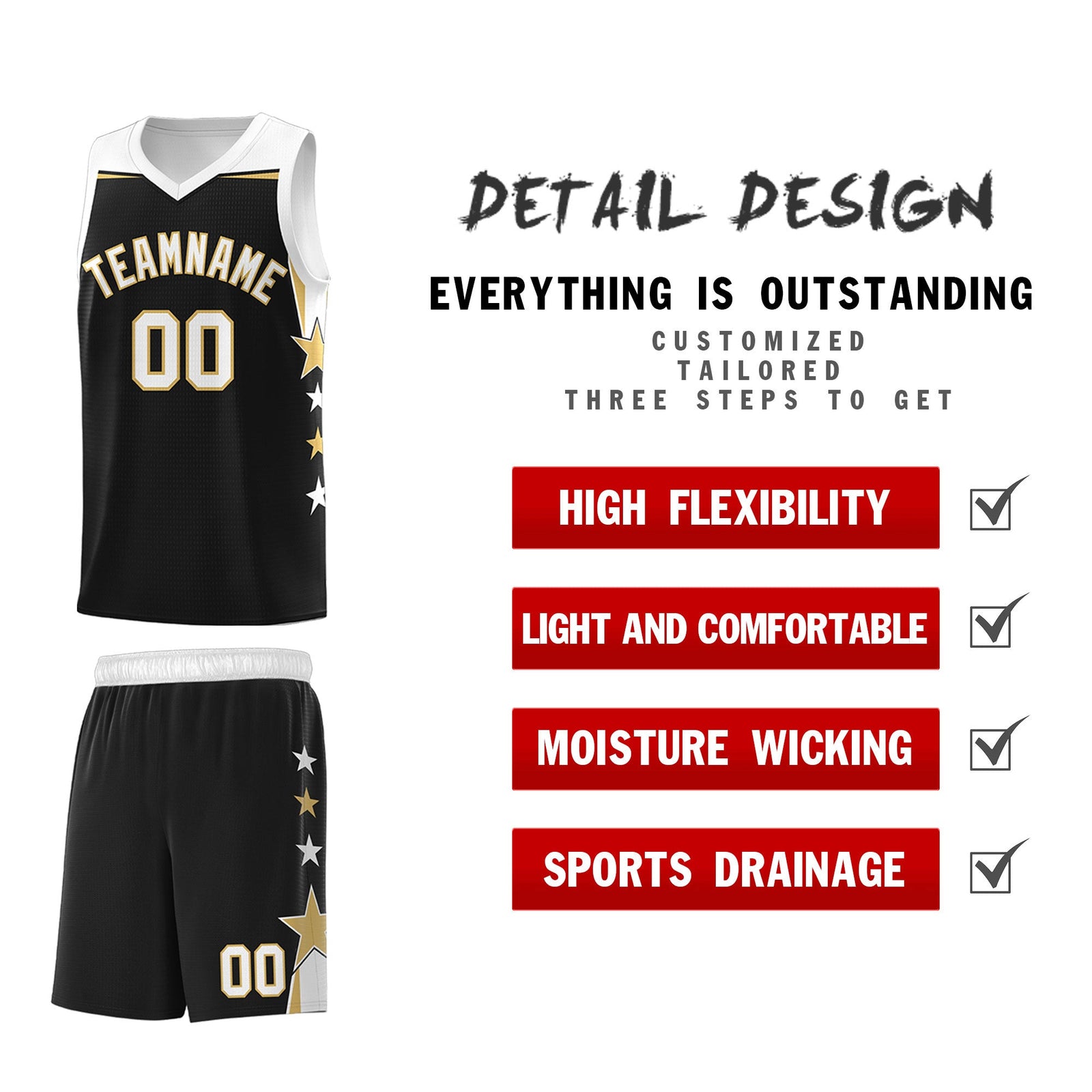 Custom Youth Basketball Uniform Black White Two Tone Side Star Personalized Team Jersey