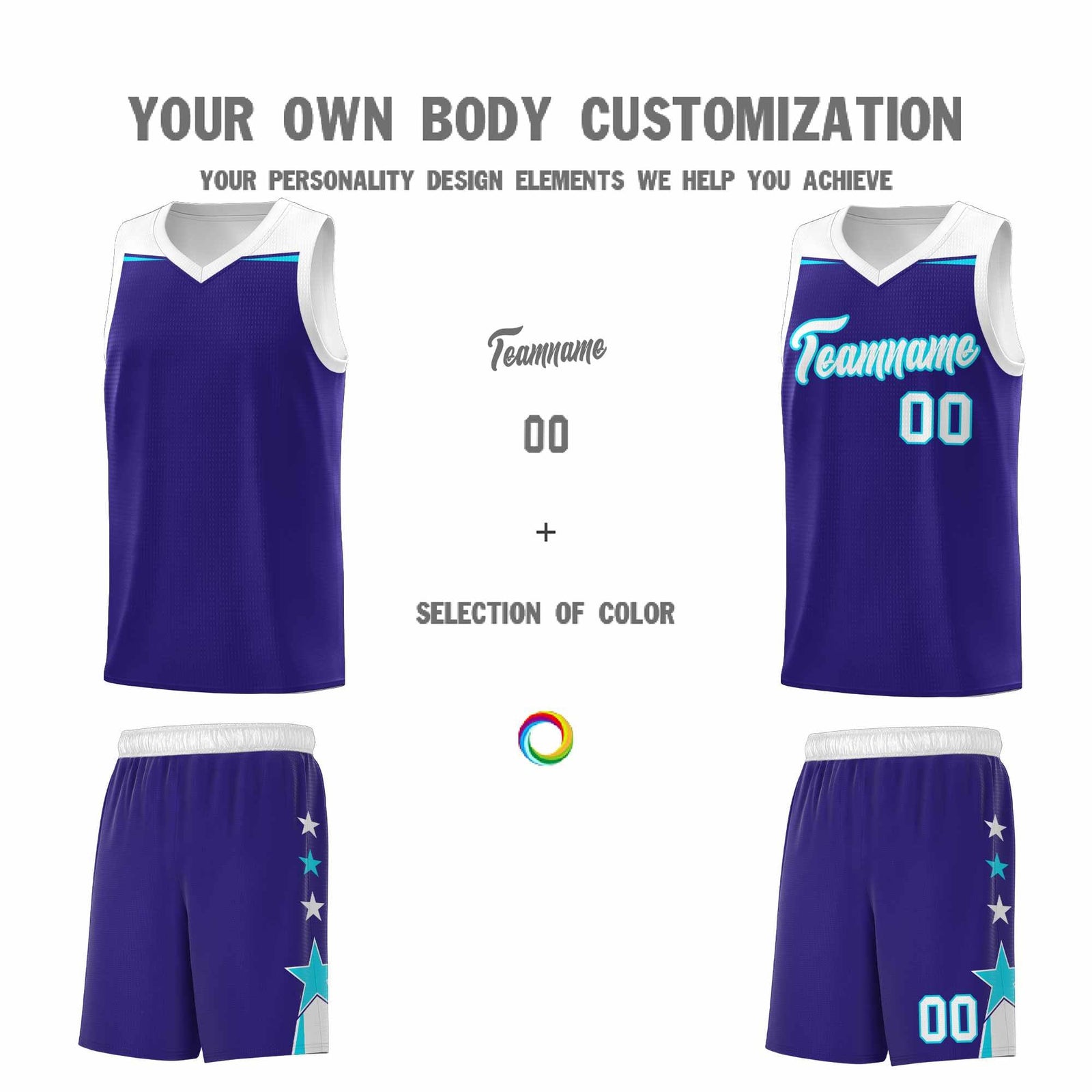 Custom Youth Basketball Uniform Royal White Two Tone Side Star Add Name Number & Logo