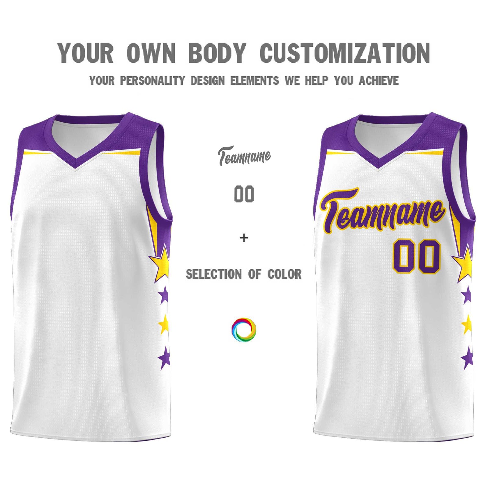 Custom Youth Basketball Uniform White Purple Two Tone Side Star Color Block Team Jersey
