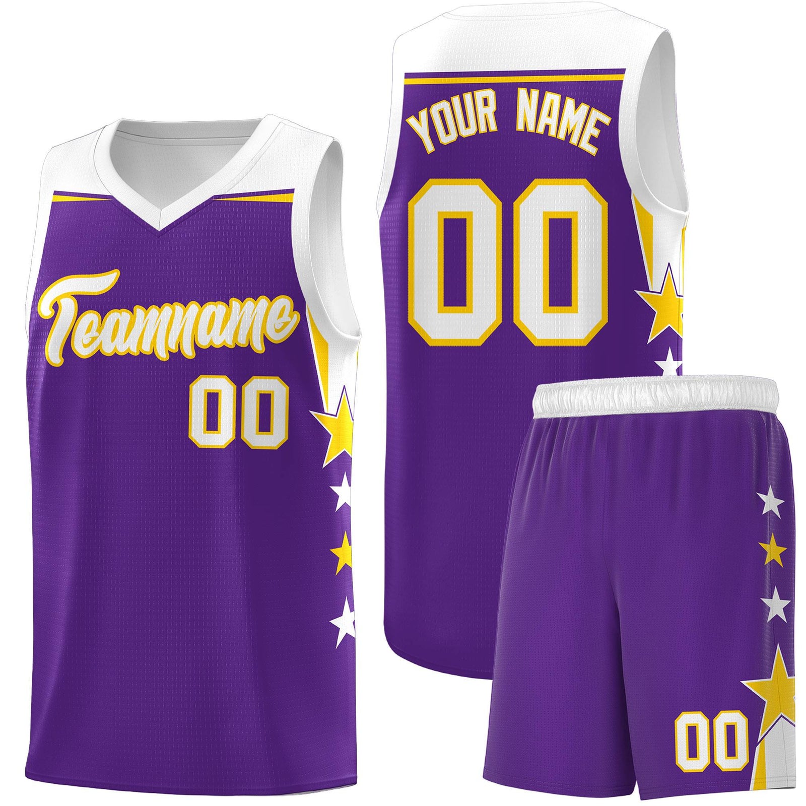 Custom Youth Basketball Uniform Purple White Two Tone Side Star Add Name Number & Logo