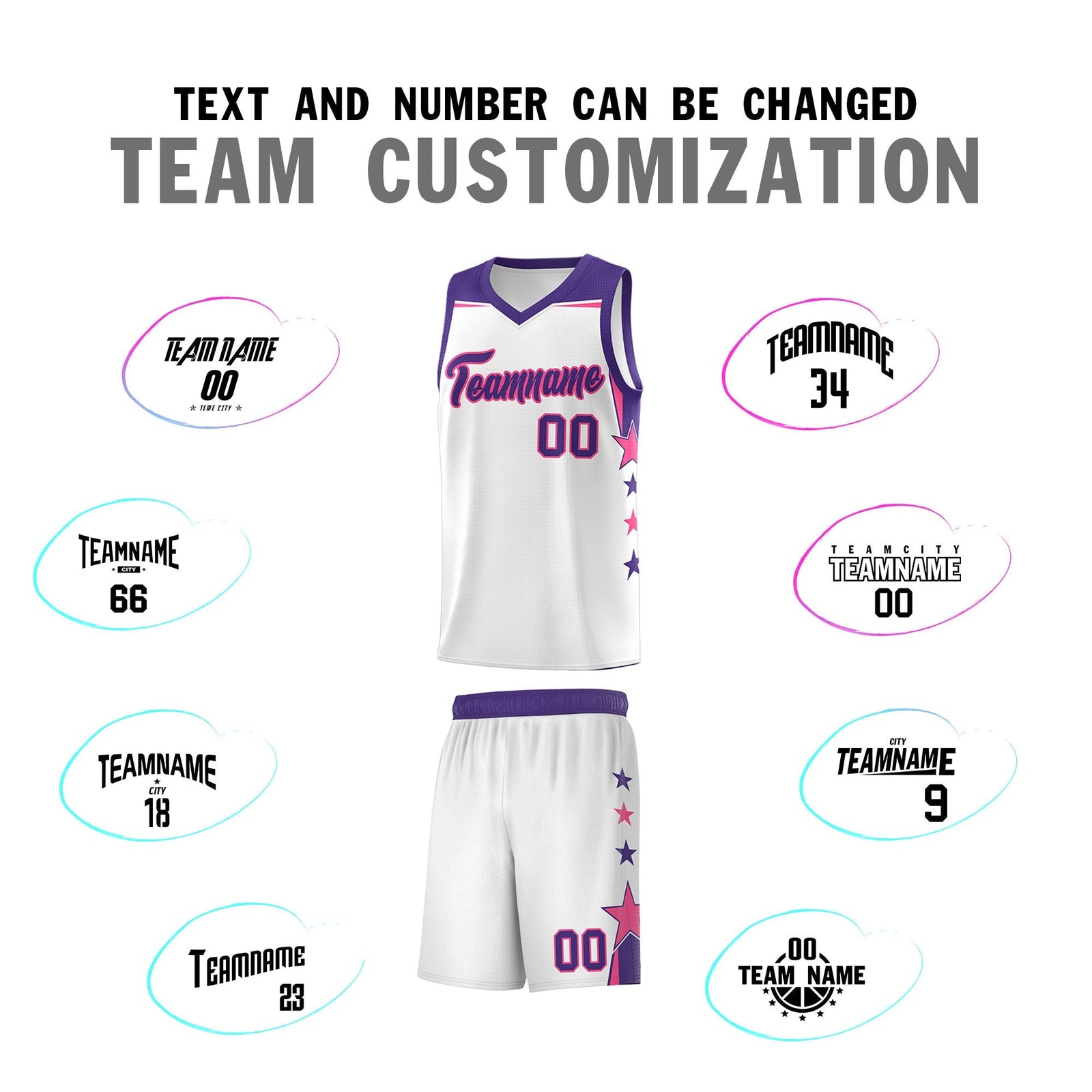 Custom Youth Basketball Uniform White Purple Two Tone Side Star Color Block Team Jersey