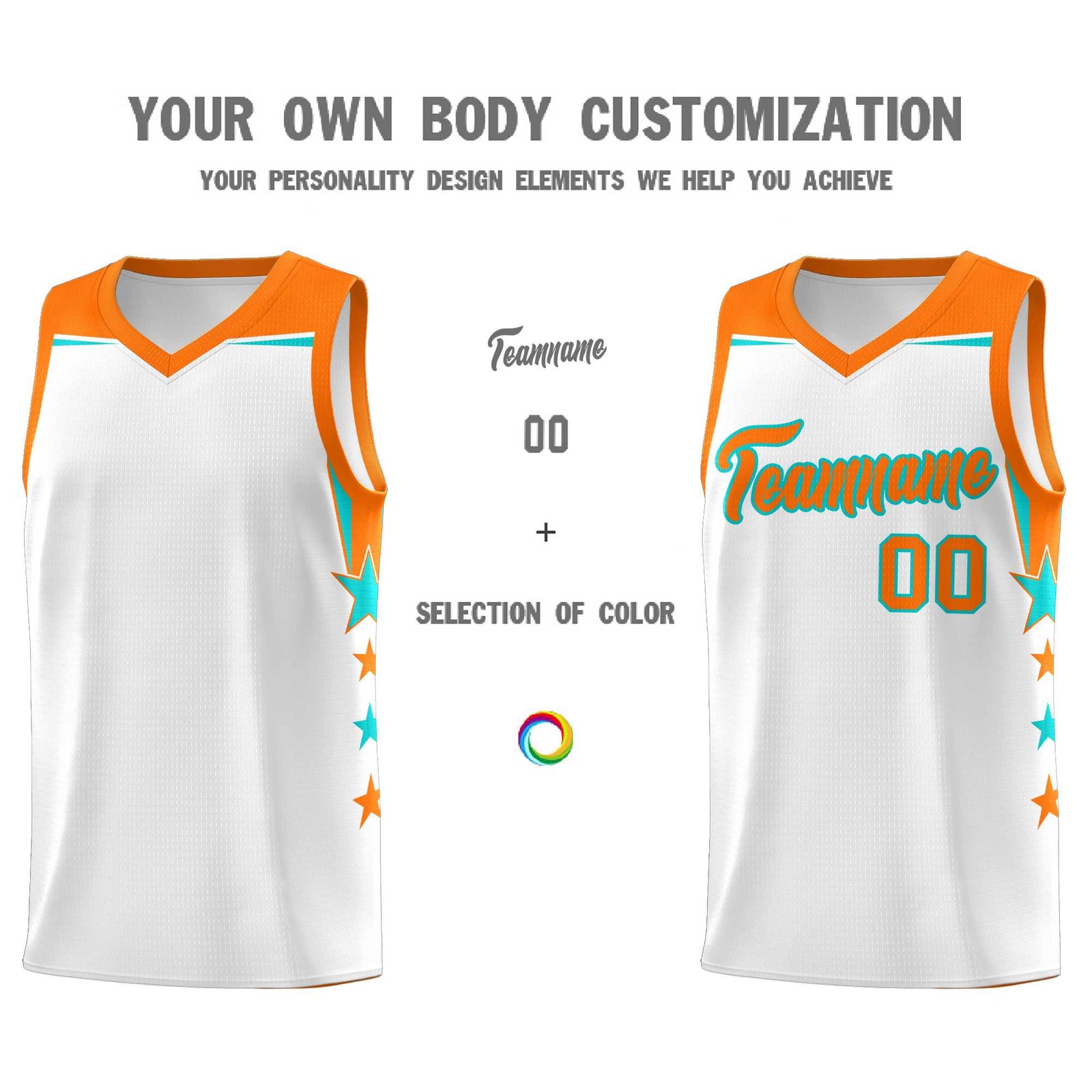 Custom Youth Basketball Uniform White Orange Two Tone Side Star Color Block Team Jersey