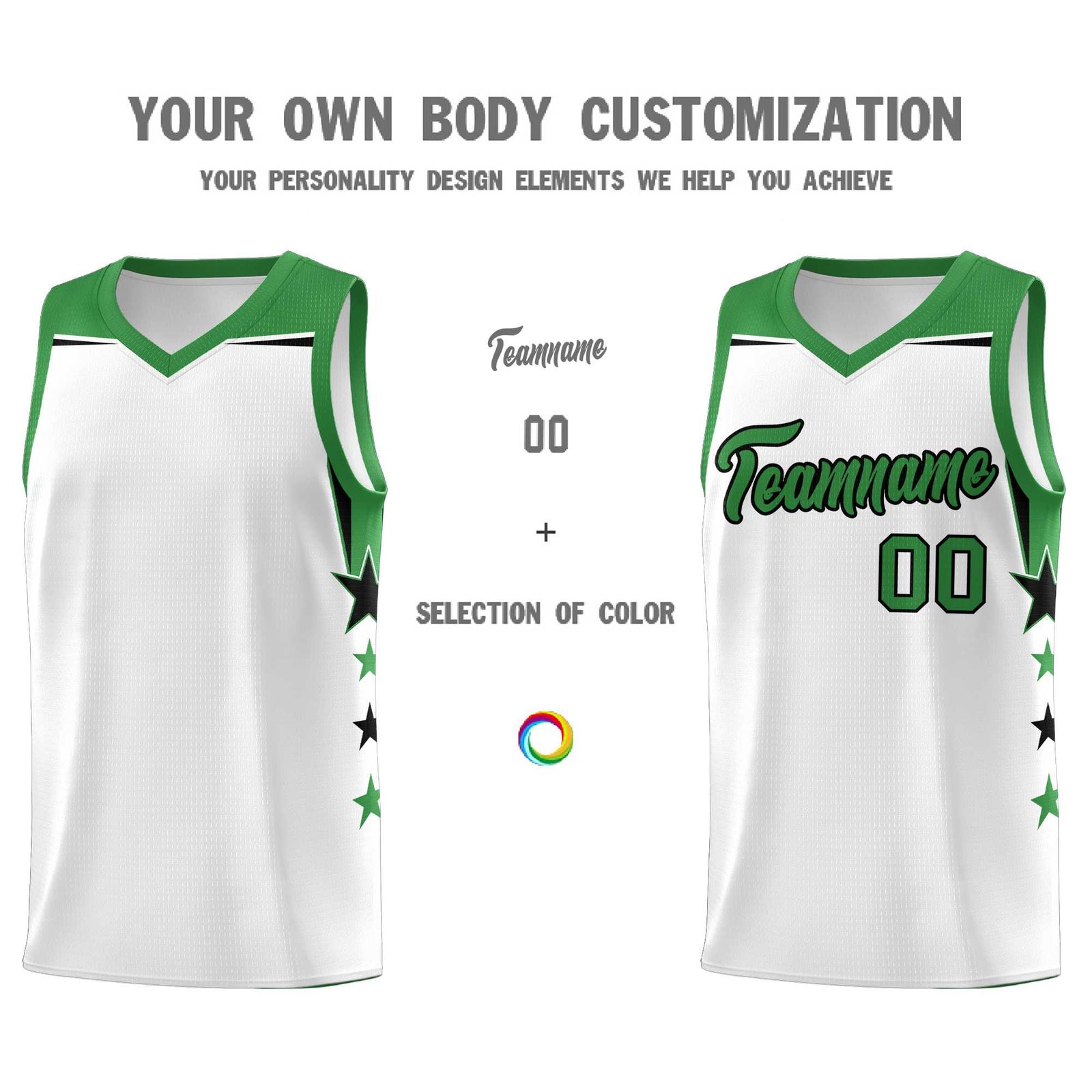 Custom Youth Basketball Uniform White Kelly Green Two Tone Side Star Color Block Team Jersey