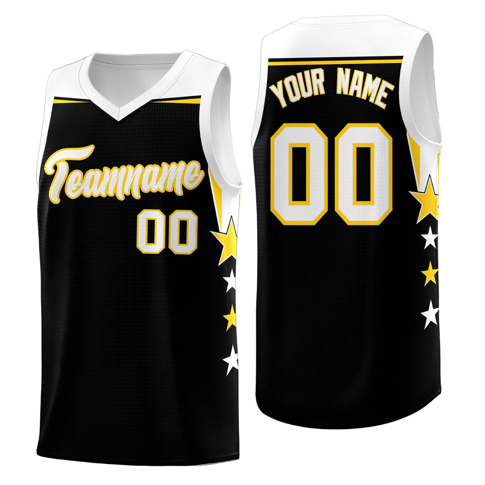 Custom Youth Basketball Uniform Black White Two Tone Side Star Add Name Number & Logo