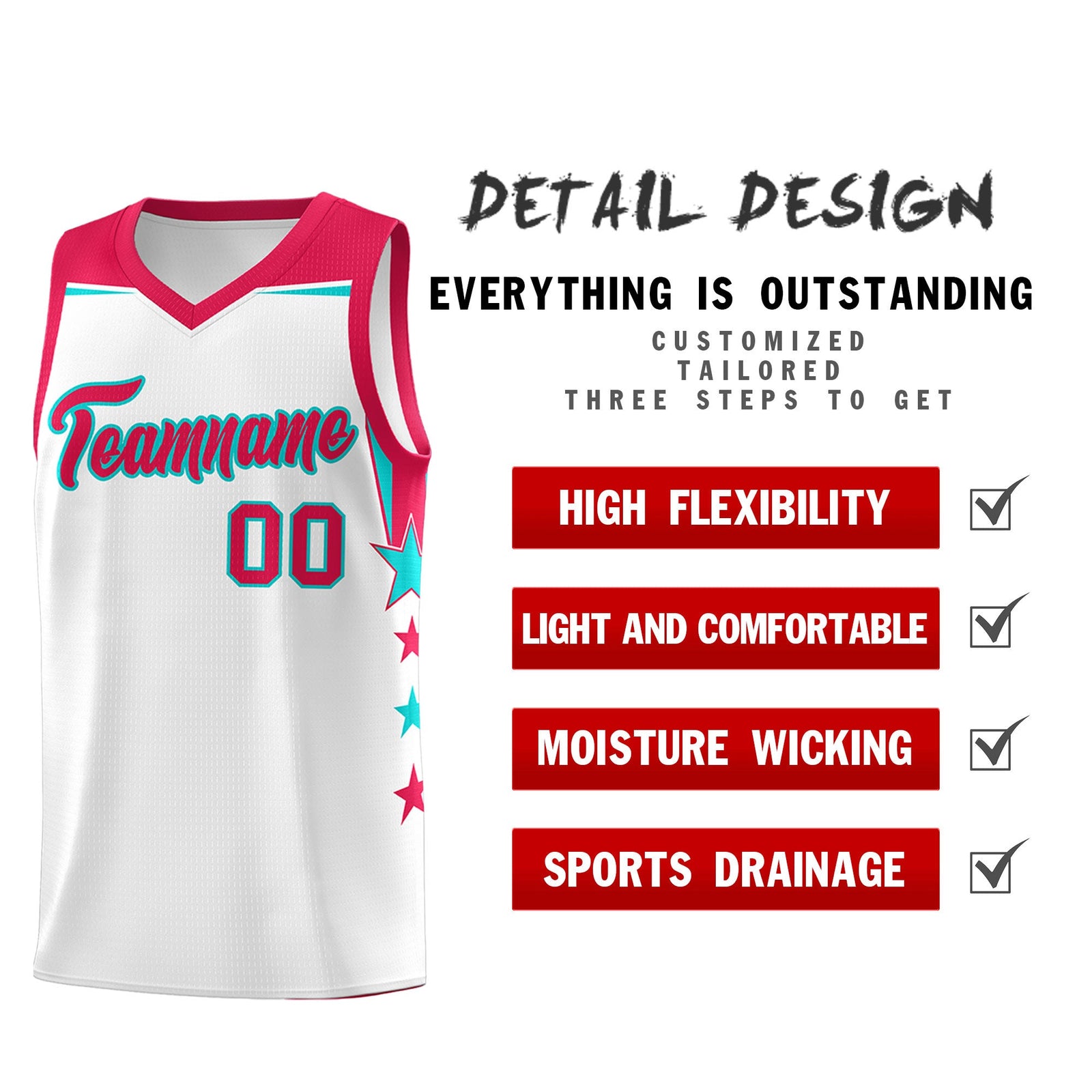 Custom Youth Basketball Uniform White Red Two Tone Side Star Color Block Team Jersey