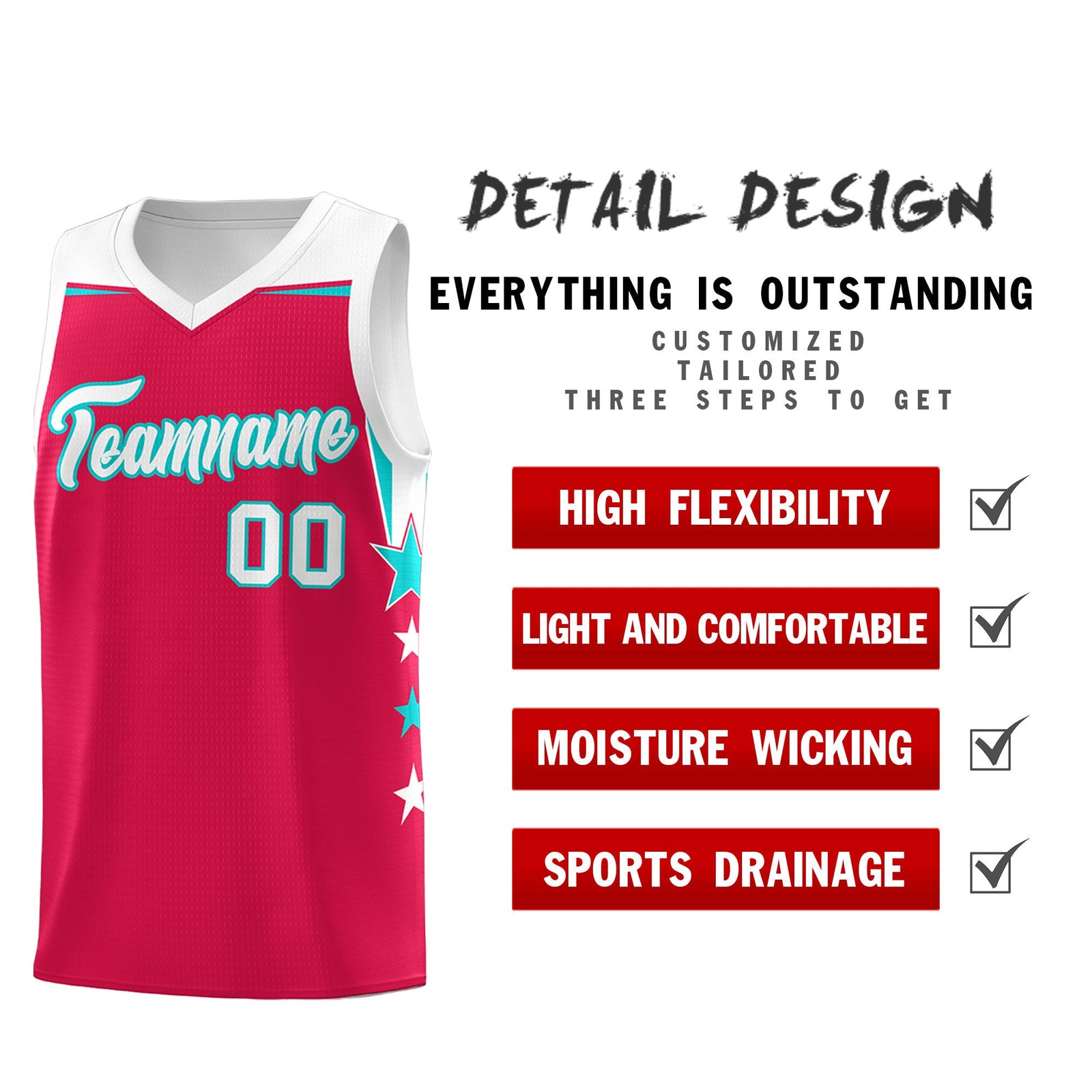 Custom Youth Basketball Uniform Red White Two Tone Side Star Add Name Number & Logo