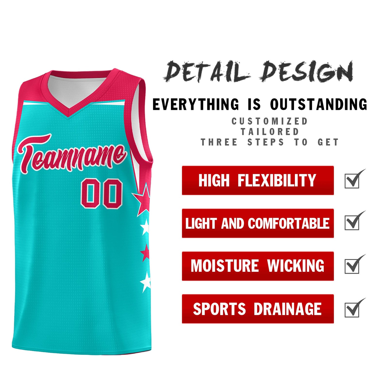 Custom Youth Basketball Uniform Aqua Red Two Tone Side Star Personalized Team Jersey