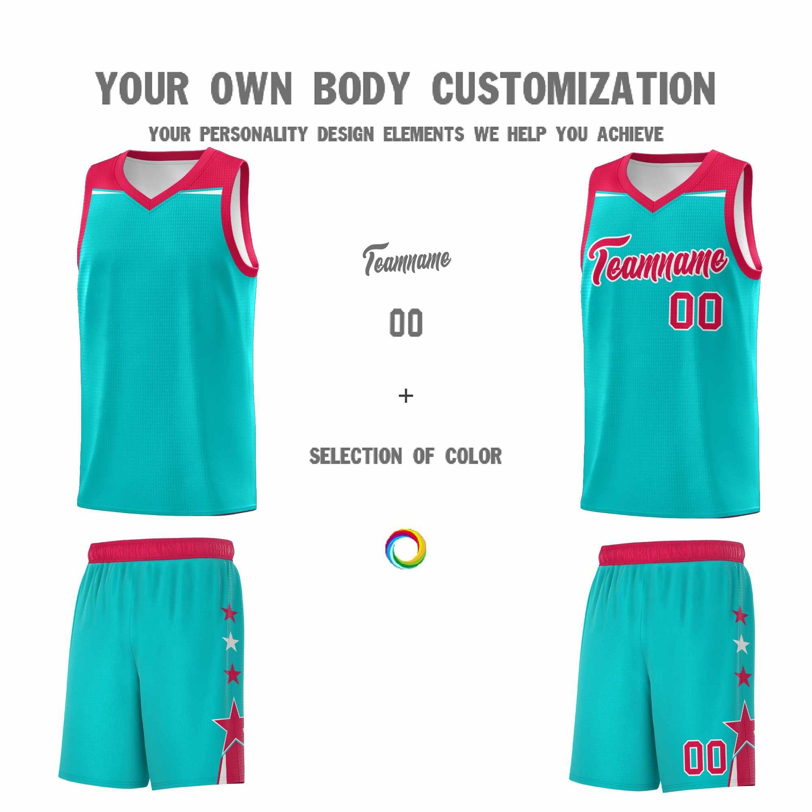 Custom Youth Basketball Uniform Aqua Red Two Tone Side Star Personalized Team Jersey