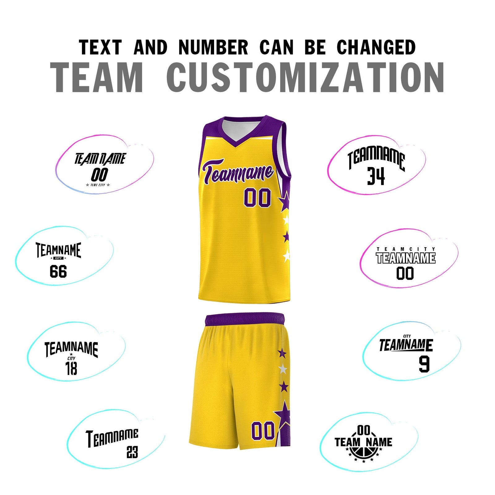 Custom Youth Basketball Uniform Gold Purple Two Tone Side Star Personalized Team Jersey