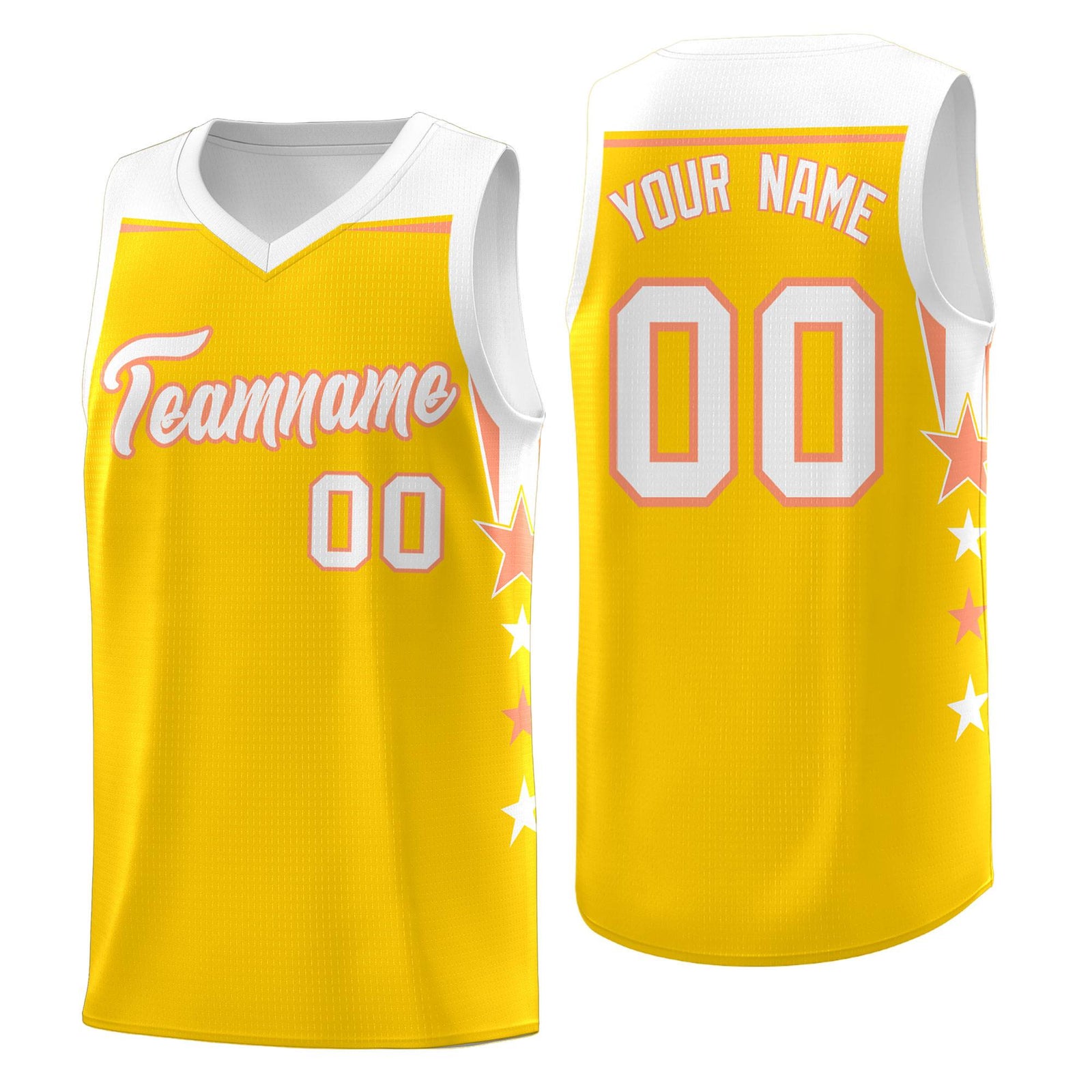 Custom Youth Basketball Uniform Gold White Two Tone Side Star Color Block Team Jersey